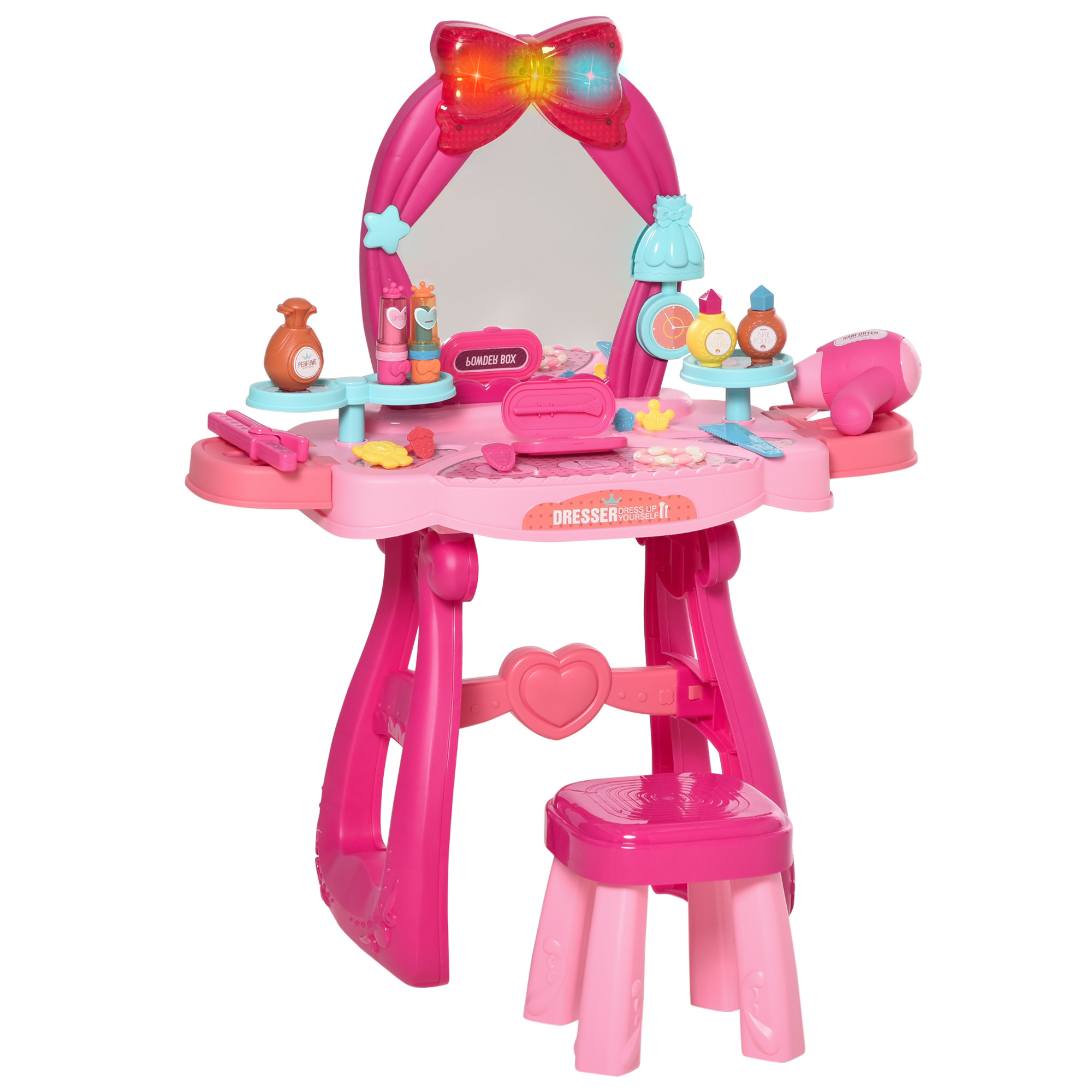 HOMCOM Toeletta Tavolo Trucco con Sgabello e 36 Accessori per Bimbi da 3 Anni, Specchio con Luci e Musiche Integrate, Rosa e Rosso