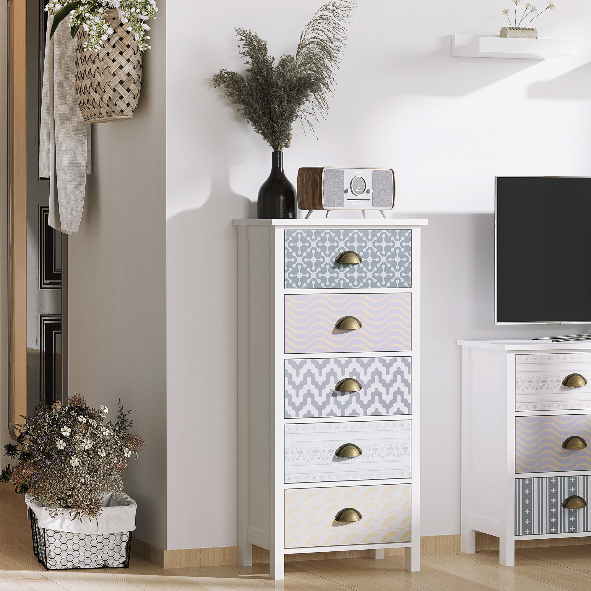 HOMCOM Chest of Drawers, 5-Drawer Tallboy Dresser with Metal Handles, Storage Cabinet Unit for Living Room, Bedroom