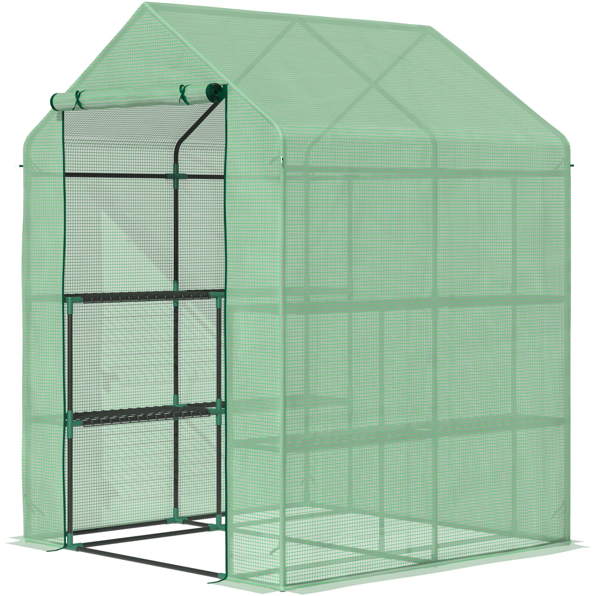 Outsunny Serra da Giardino con Scaffali, Copertura in PE e Porta Avvolgibile, 143x138x190cm, Verde