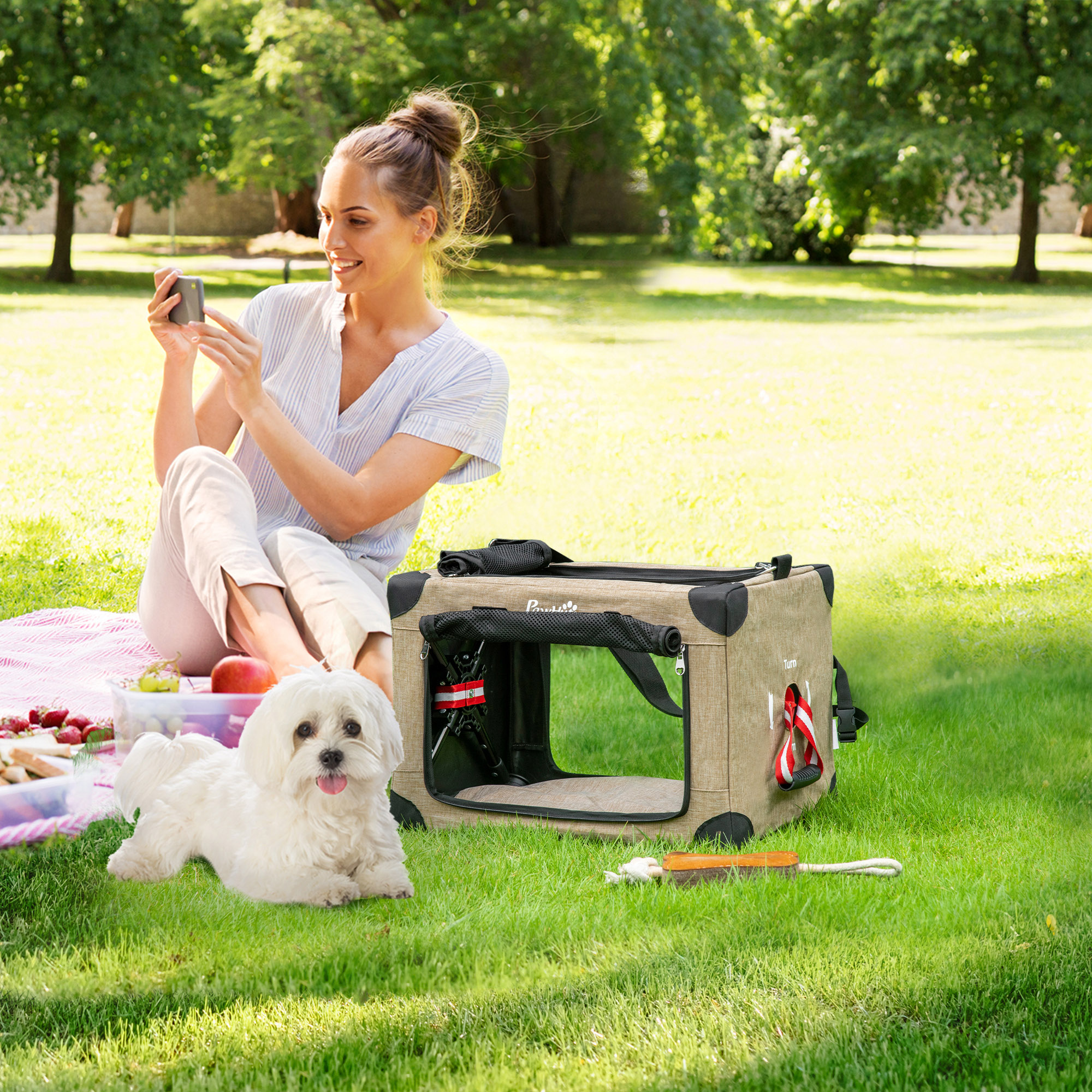 PawHut Folding Cat Carrier, Portable Pet Bag with Cushion, Adjustable Strap Travel Carrier, Cat House for Extra Small Dogs, Khaki