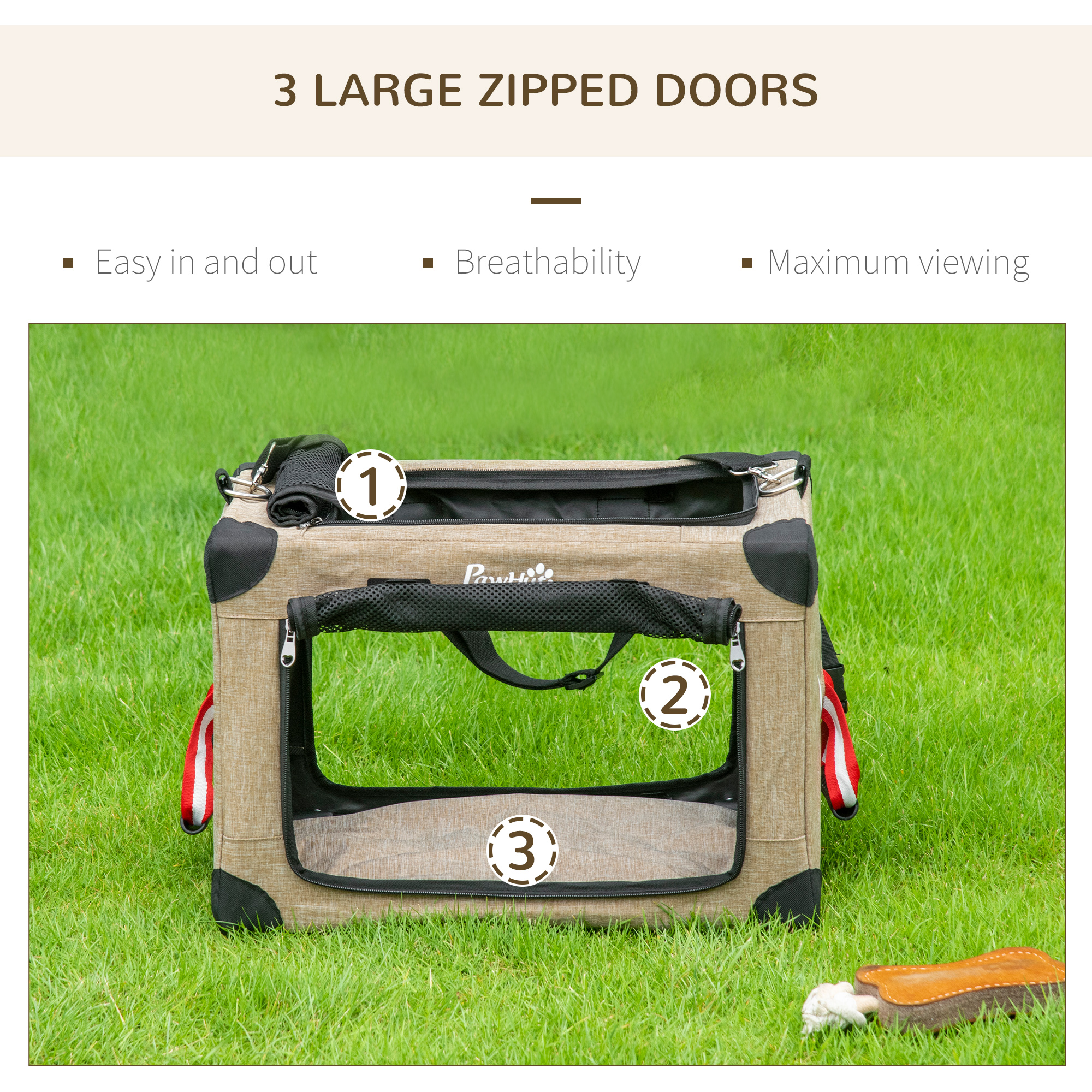 PawHut Folding Cat Carrier, Portable Pet Bag with Cushion, Adjustable Strap Travel Carrier, Cat House for Extra Small Dogs, Khaki