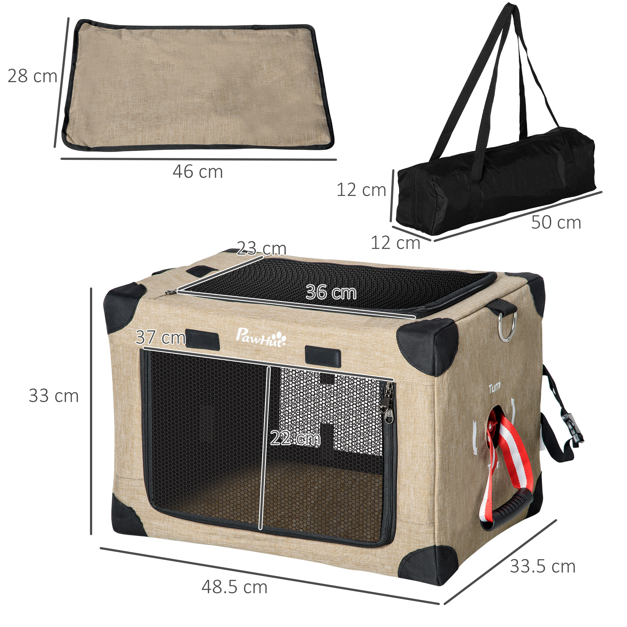 PawHut Folding Cat Carrier, Portable Pet Bag with Cushion, Adjustable Strap Travel Carrier, Cat House for Extra Small Dogs, Khaki