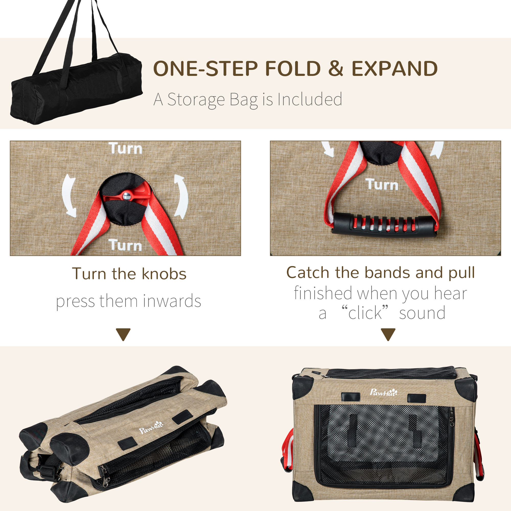 PawHut Folding Cat Carrier, Portable Pet Bag with Cushion, Adjustable Strap Travel Carrier, Cat House for Extra Small Dogs, Khaki