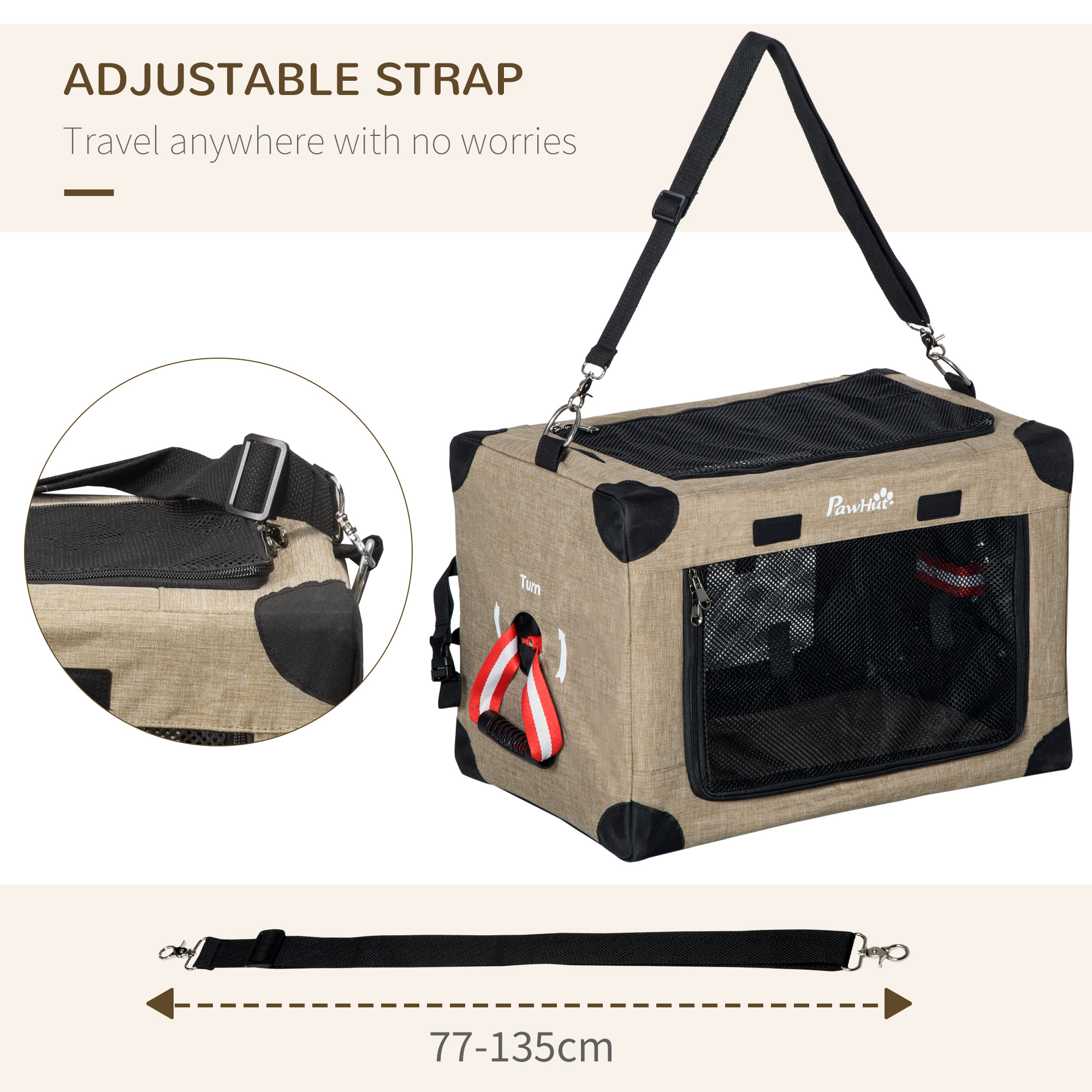 PawHut Folding Cat Carrier, Portable Pet Bag with Cushion, Adjustable Strap Travel Carrier, Cat House for Extra Small Dogs, Khaki