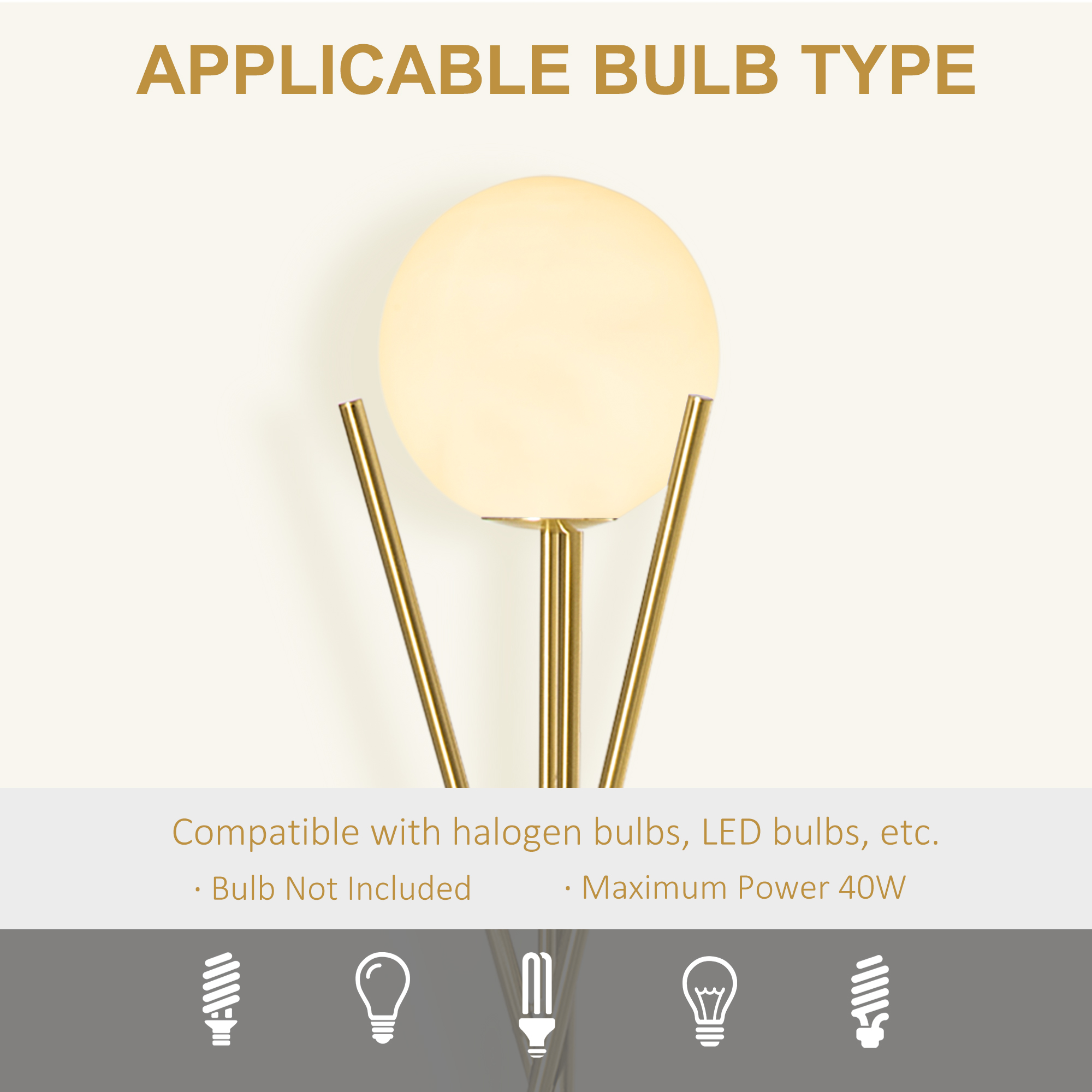 HOMCOM Tripod Floor Lamp with Globe Lampshade, Modern Standing Light with Foot Switch, E27 Base for Living Room, Bedroom, Gold and White