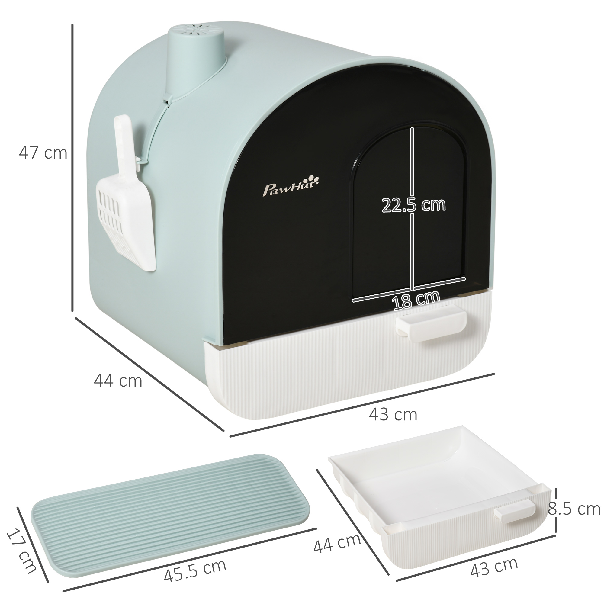 PawHut Hooded Cat Litter Box, Enclosed Kitten Litter Tray with Scoop, Filter & Flap Door, 43x44x47 cm, Green