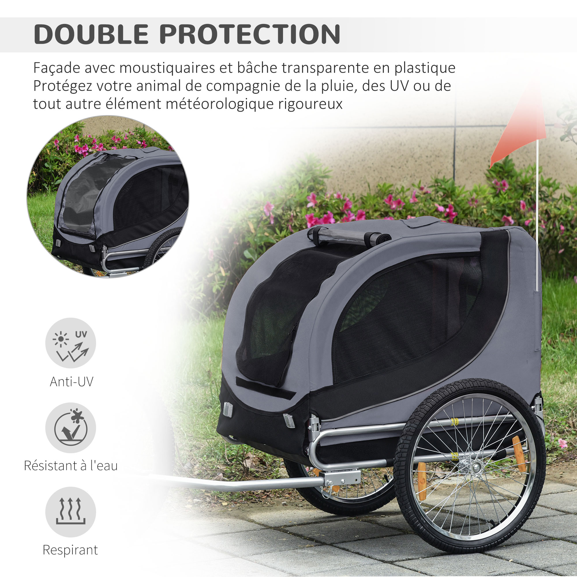 Remorque Vélo Pour Chien Zoomundo, Grise, Cadre Acier, 40 Kg – Neuve Sous Emballage