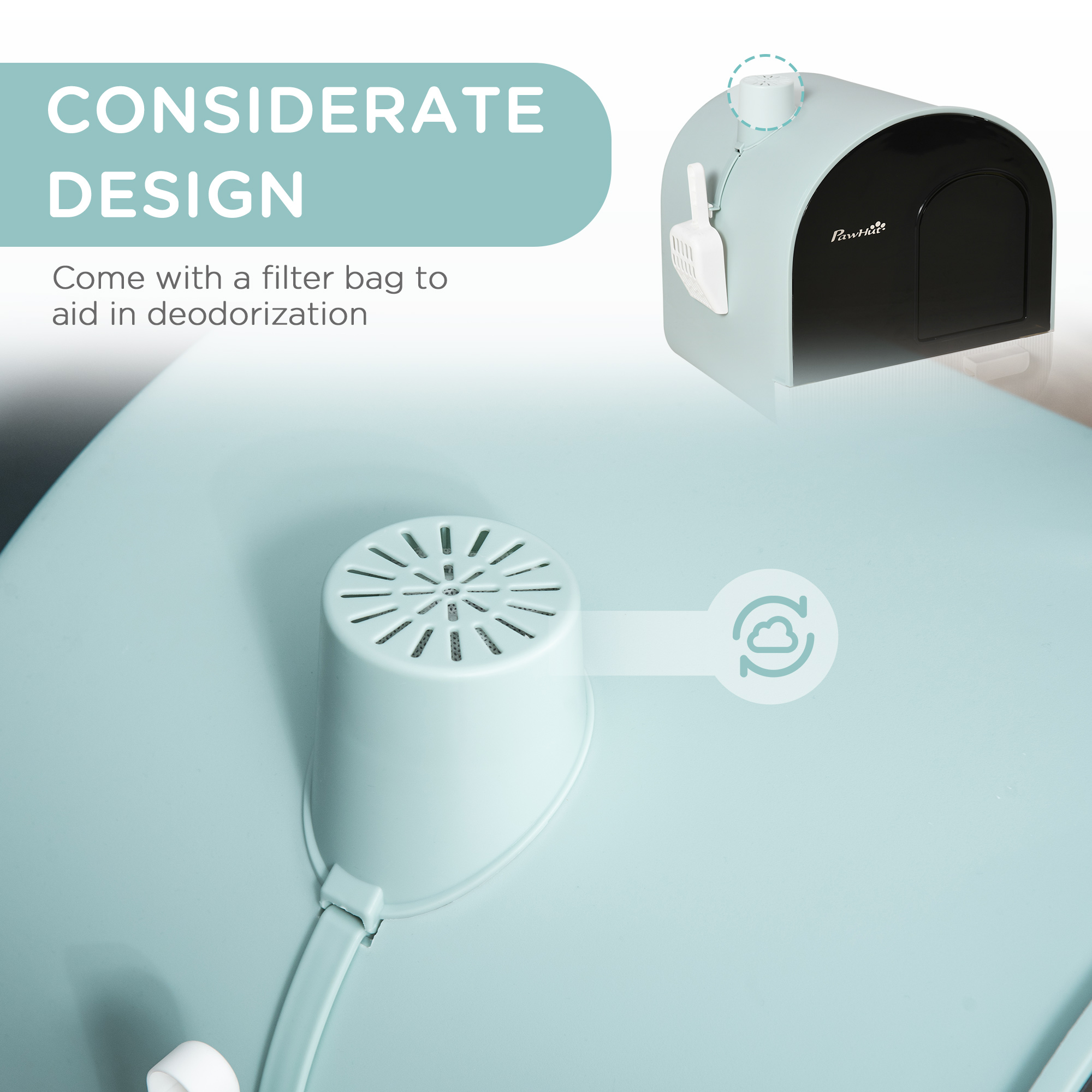 PawHut Hooded Cat Litter Box, Enclosed Kitten Litter Tray with Scoop, Filter & Flap Door, 43x44x47 cm, Green