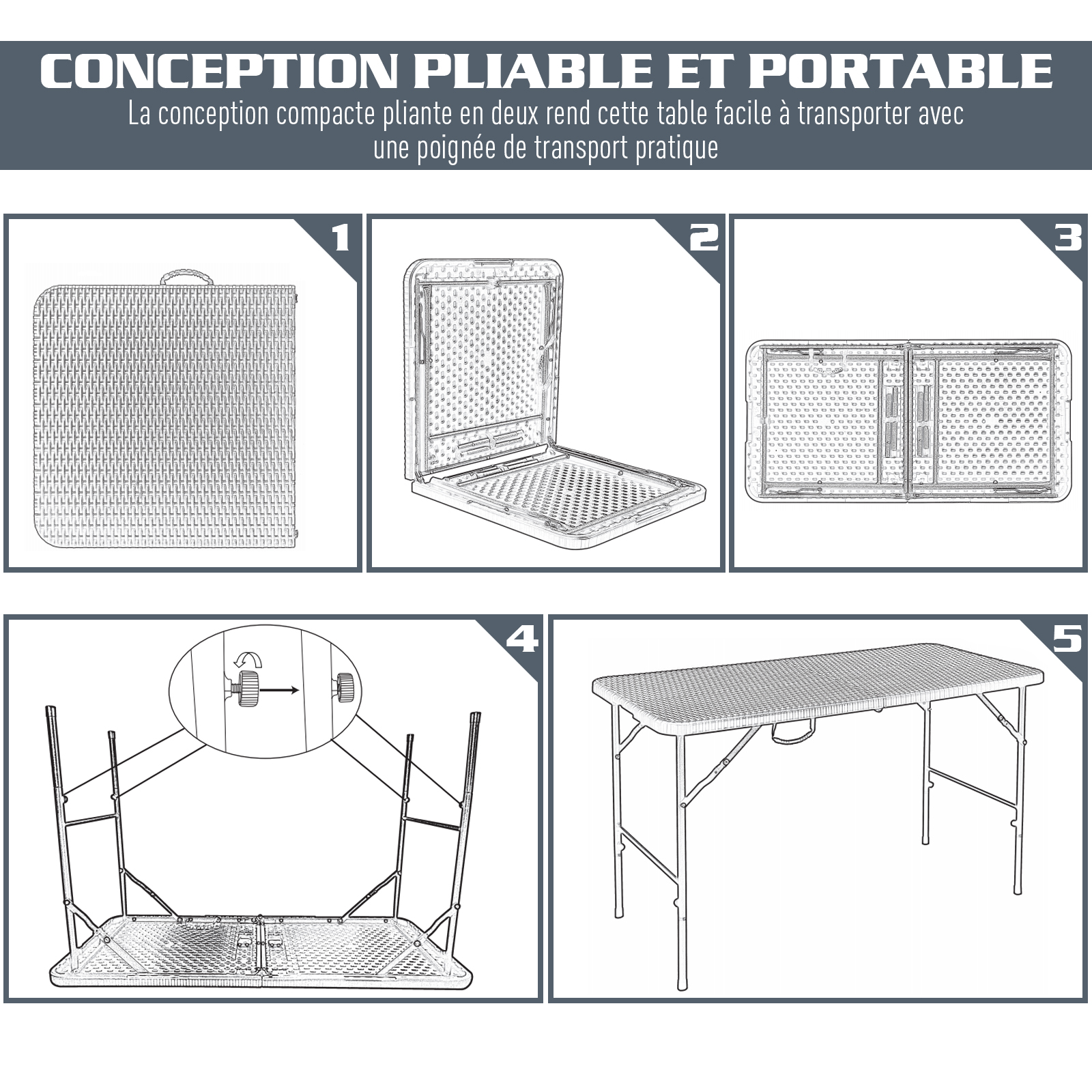 Outsunny Table Pliante Valise Portable pour Camping Piques-Niques Barbecue  Plateau Imitation Rotin Structure en Fer et HDPE 120 x 60 x 74 cm Noir 