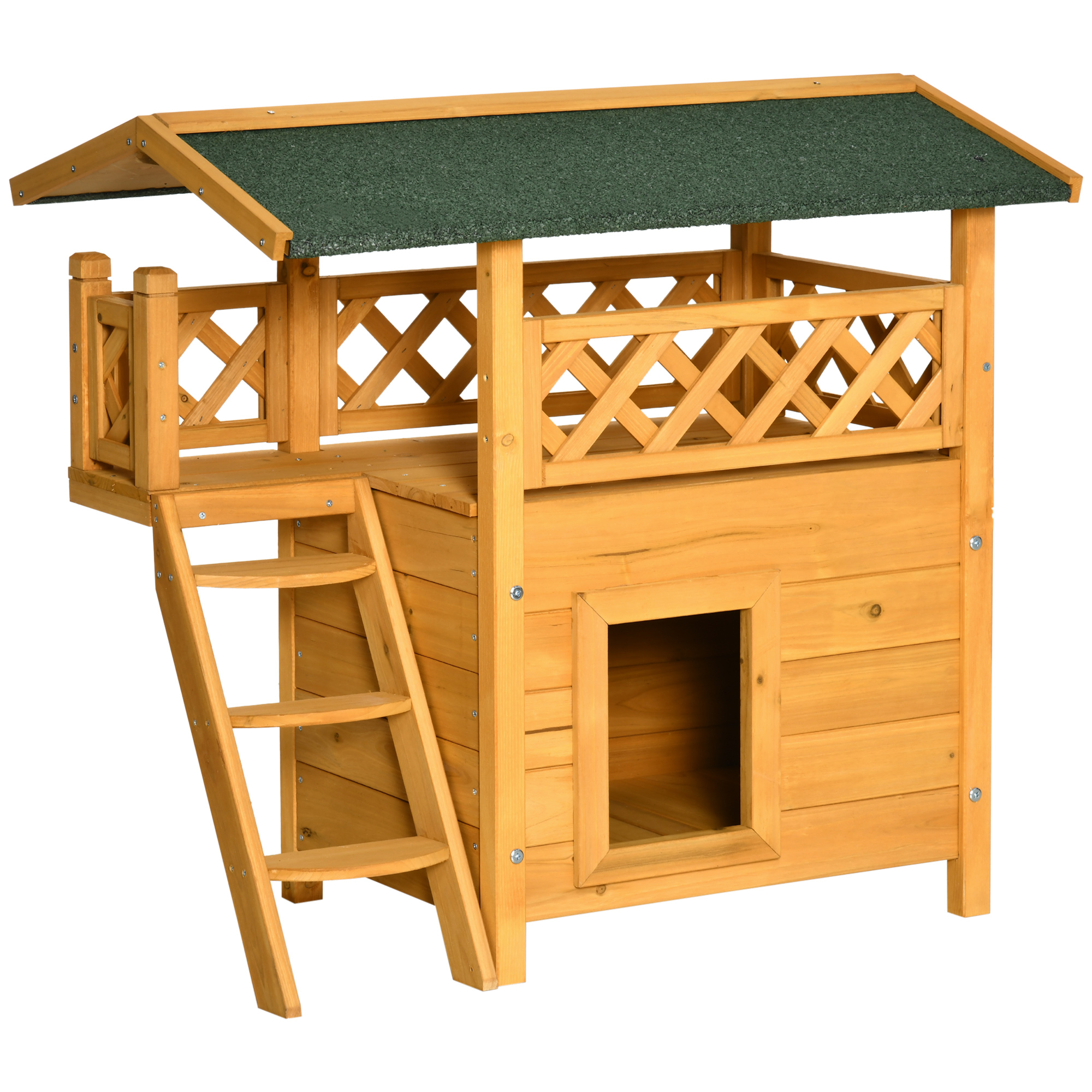 PawHut Caseta para Gatos de Madera 77x50x73 cm Casa para Gatos con 2 Niveles con Techo Asfáltico Terraza Vallada Cueva y Escalera Natural