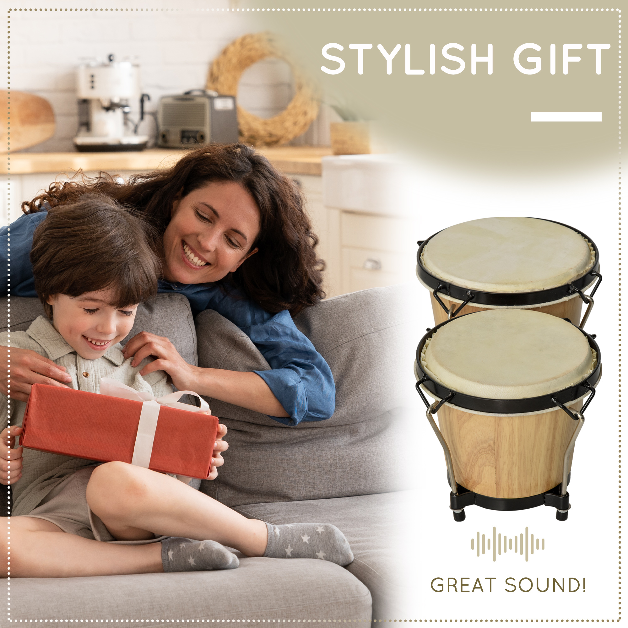 HOMCOM Wooden Bongo Drum Set w/ Sheepskin Drum Head, Percussion Instrument, Î¦7.75" & Î¦7" Drums, for Kids Adults, w/ Tuning Wrench