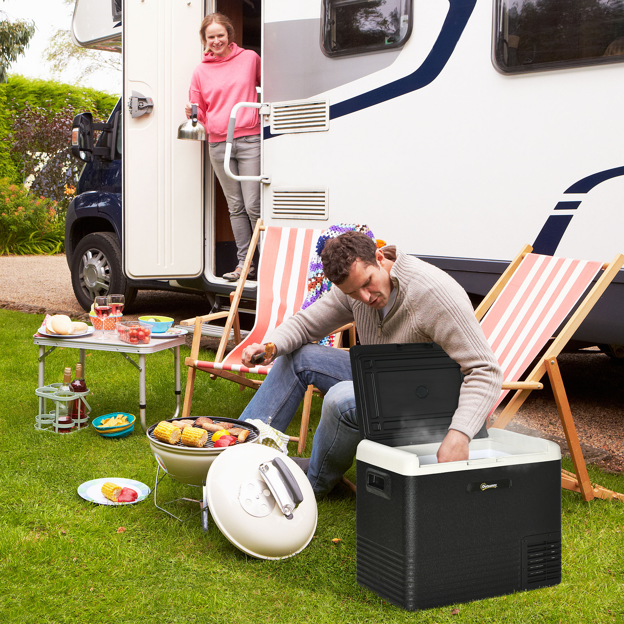 Outsunny 50L Car Refrigerator, Portable Compressor Car Fridge Freezer, Electric Cooler Box with 12/24V DC and 110-240V AC for Camping Down to -20â„ƒ