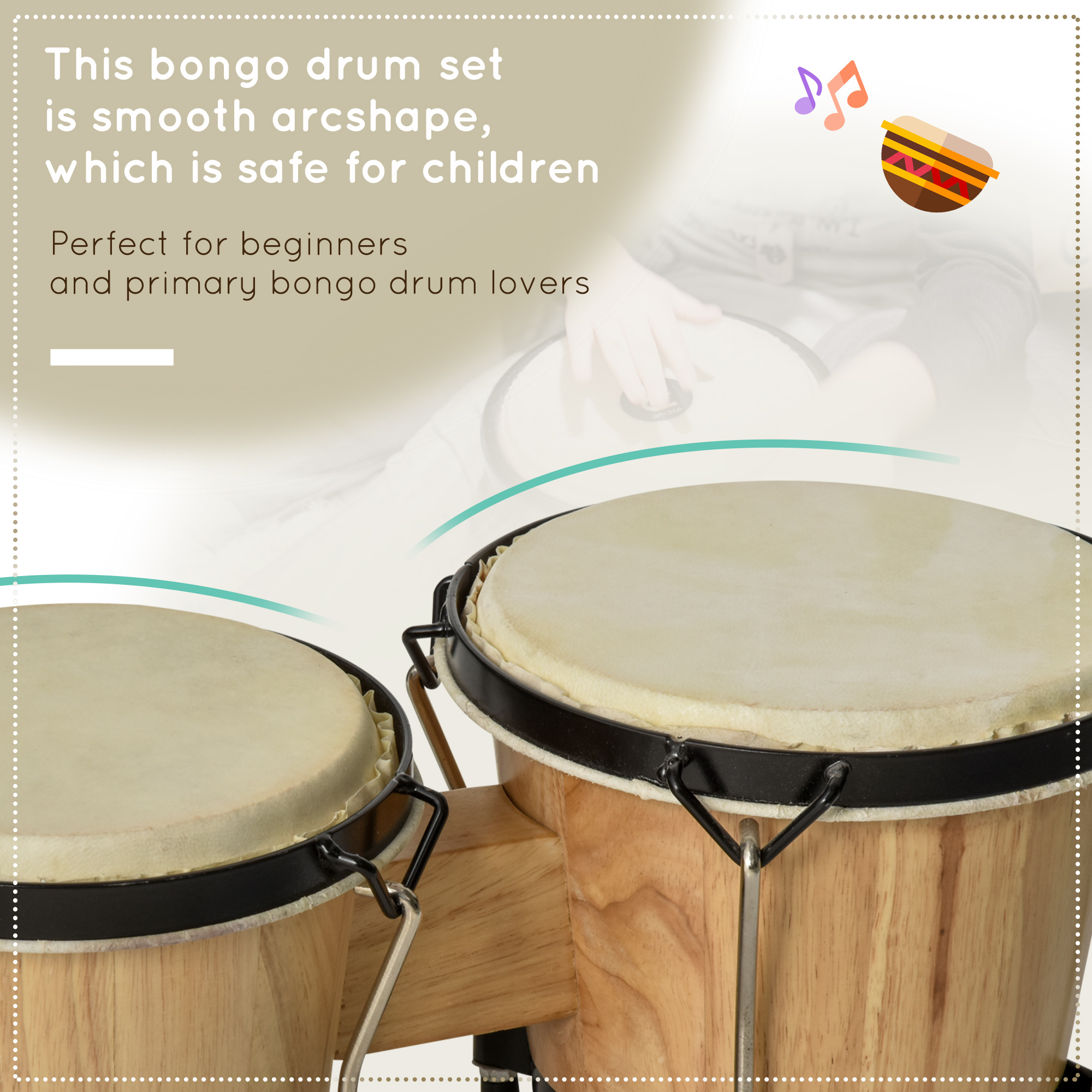 HOMCOM Wooden Bongo Drum Set w/ Sheepskin Drum Head, Percussion Instrument, Î¦7.75" & Î¦7" Drums, for Kids Adults, w/ Tuning Wrench
