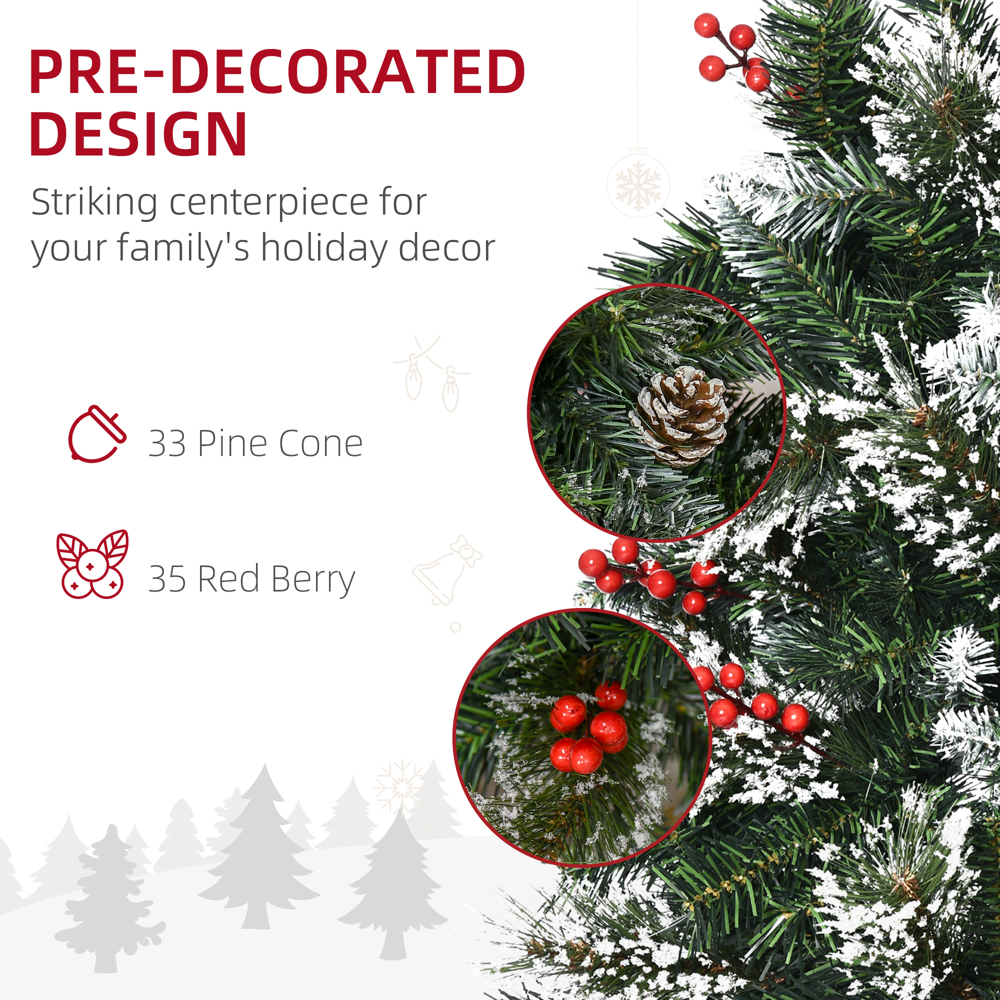 HOMCOM 6 Foot Snow Dipped Artificial Christmas Tree Slim Pencil Xmas Tree with 588 Realistic Branches, Pine Cones, Red Berries, Auto Open, Green