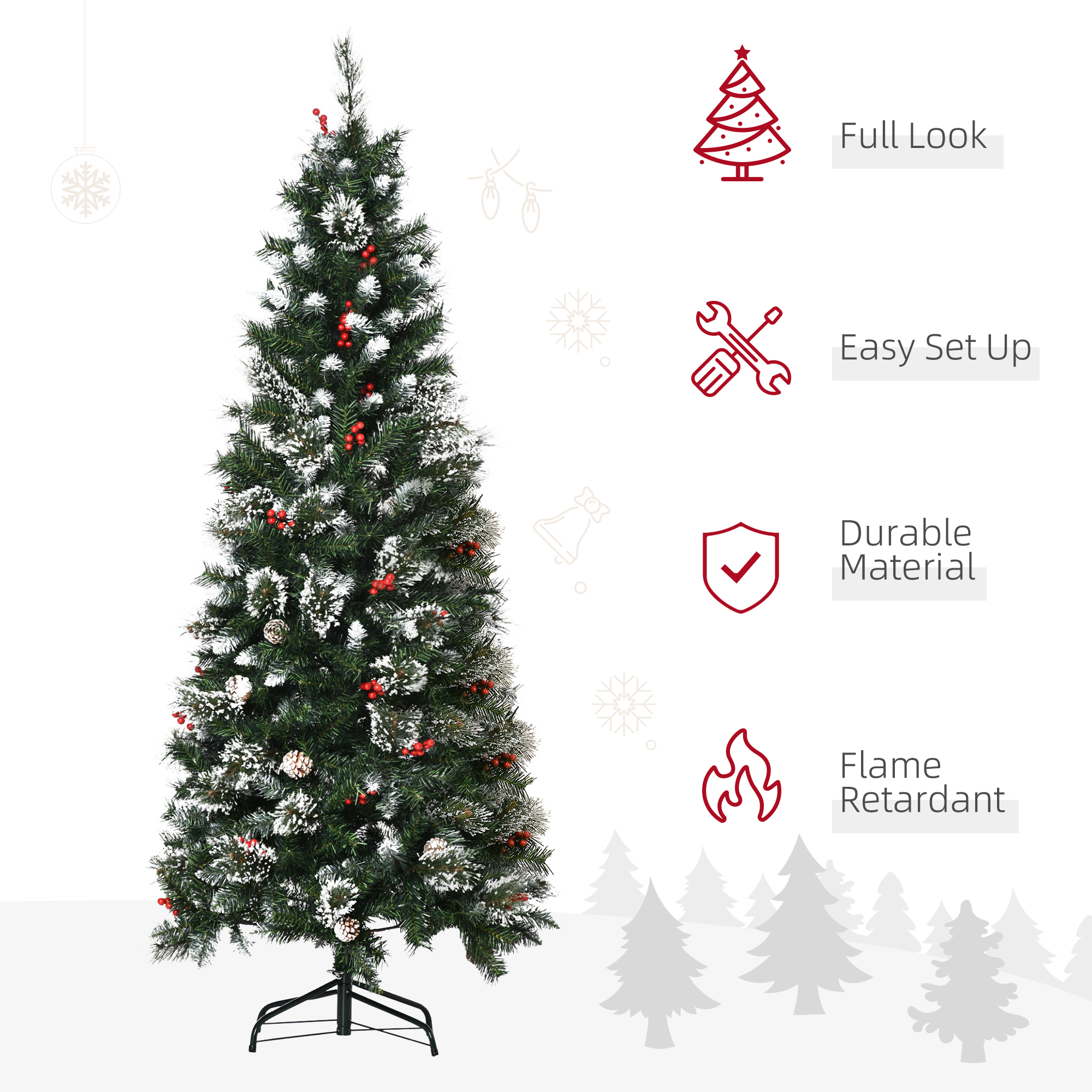 HOMCOM 6 Foot Snow Dipped Artificial Christmas Tree Slim Pencil Xmas Tree with 588 Realistic Branches, Pine Cones, Red Berries, Auto Open, Green