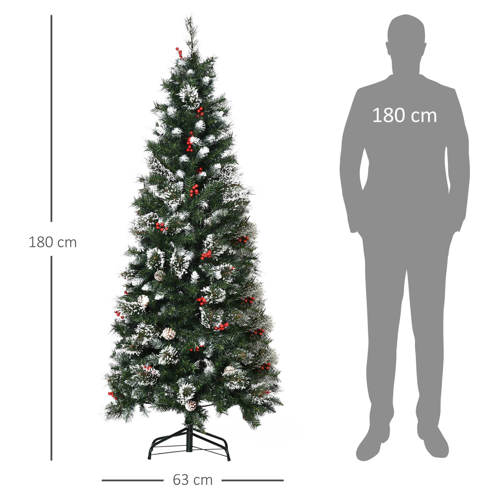 HOMCOM 6 Foot Snow Dipped Artificial Christmas Tree Slim Pencil Xmas Tree with 588 Realistic Branches, Pine Cones, Red Berries, Auto Open, Green
