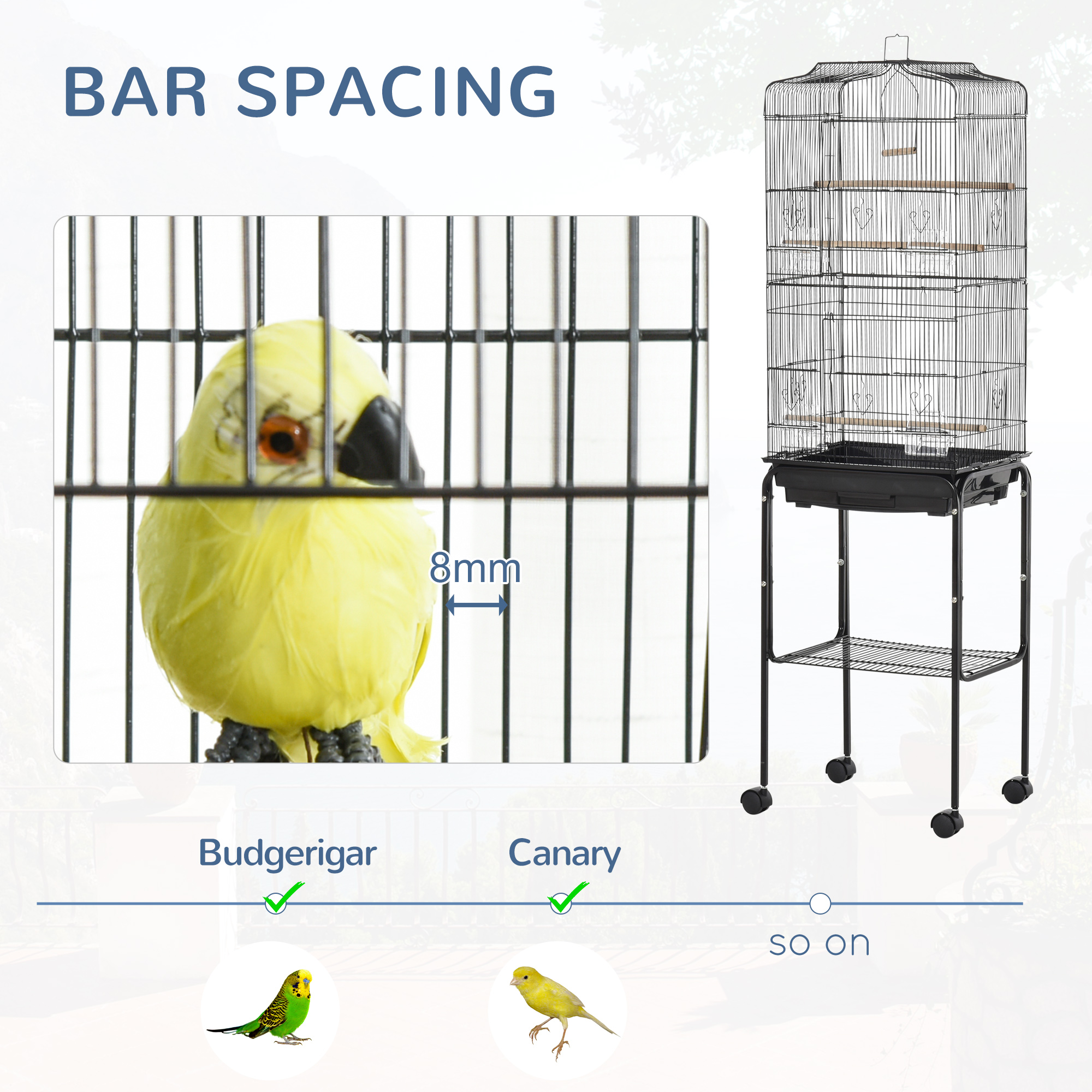 PawHut Bird Cage for Small Birds, Budgie Finch Canary Parakeet Home with Mobile Stand, Slide-out Cleaning Tray, Accessory Shelf, Onyx