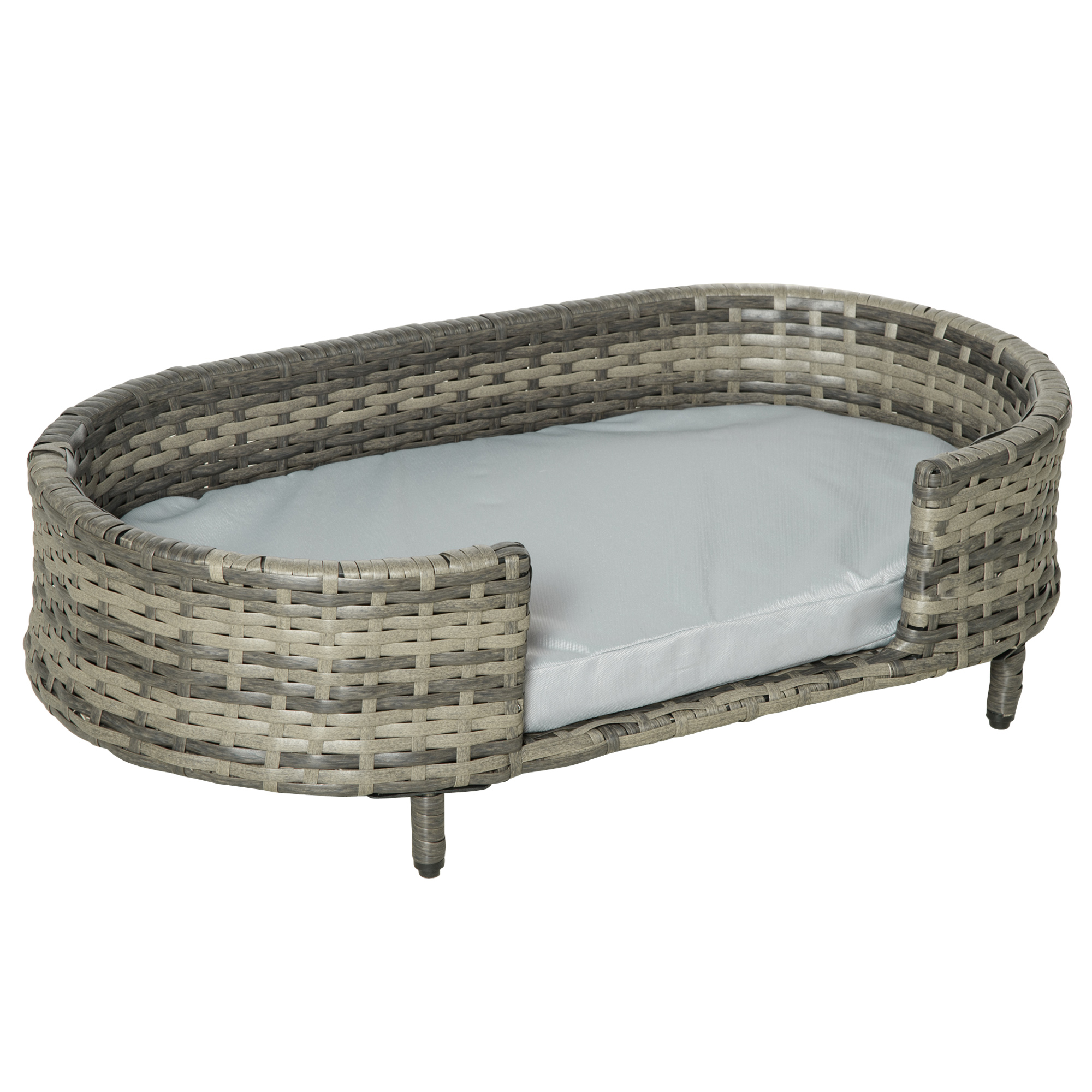 PawHut Divano per Cani di Taglia Piccola e Media, Divano Rialzato in Rattan PE con Cuscino Impermeabile in Gommapiuma, 74x42x21cm, Marrone e Grigio