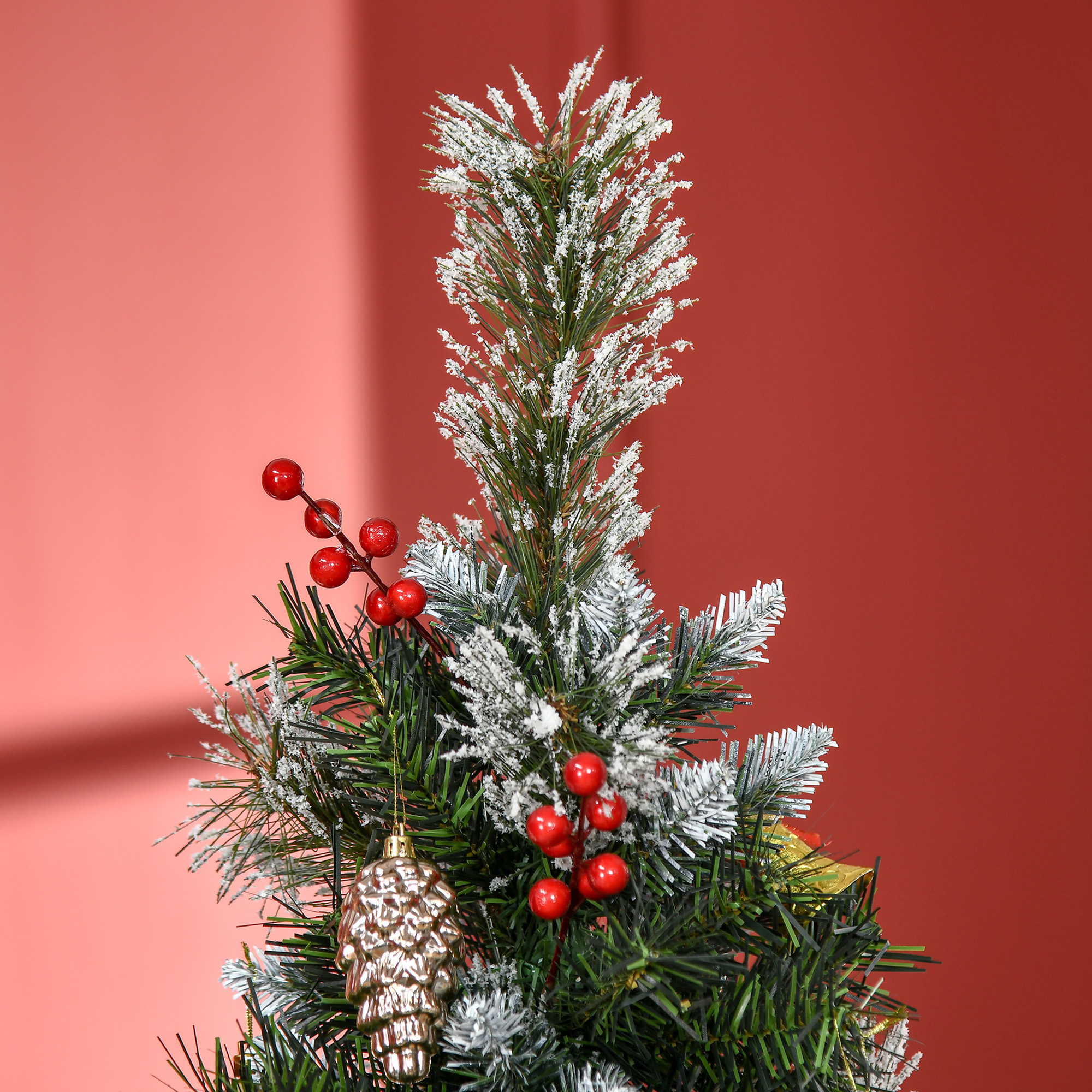 HOMCOM 6 Foot Snow Dipped Artificial Christmas Tree Slim Pencil Xmas Tree with 588 Realistic Branches, Pine Cones, Red Berries, Auto Open, Green