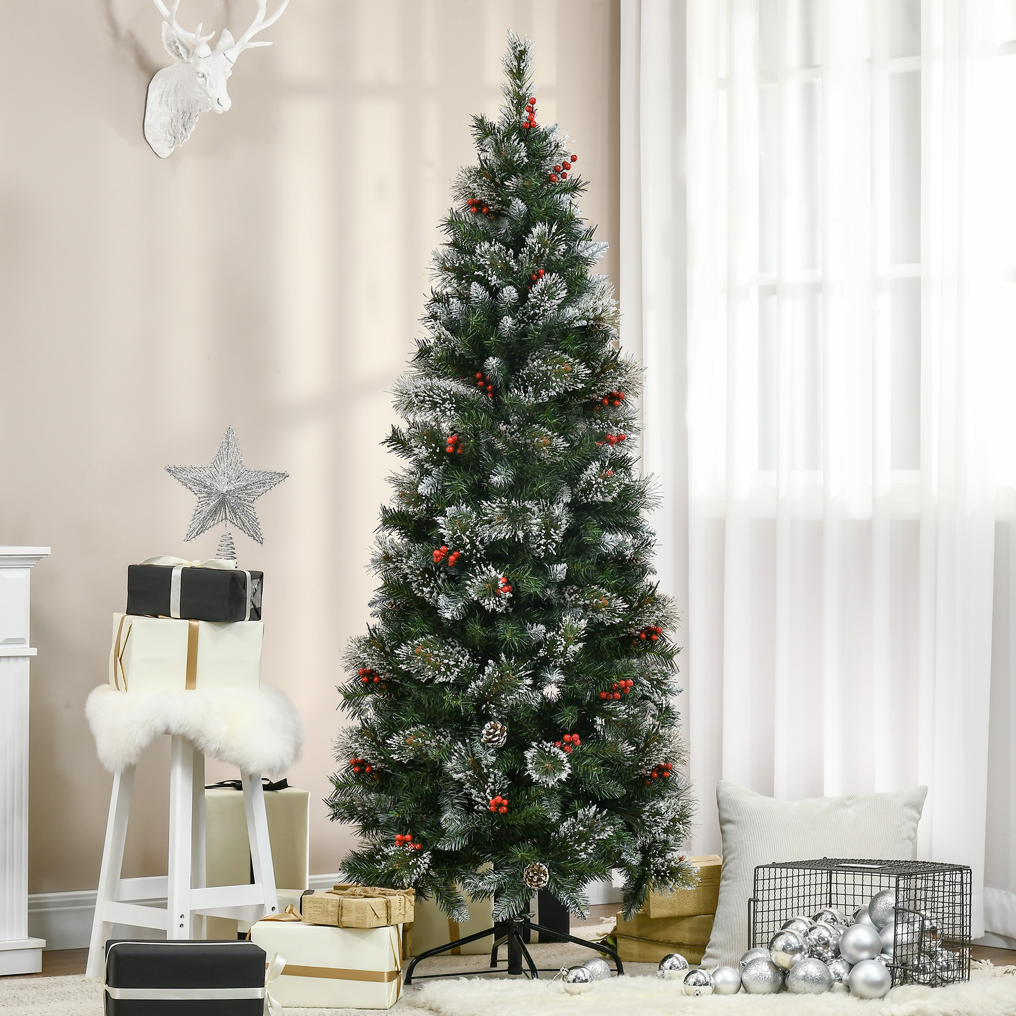 HOMCOM 6 Foot Snow Dipped Artificial Christmas Tree Slim Pencil Xmas Tree with 588 Realistic Branches, Pine Cones, Red Berries, Auto Open, Green