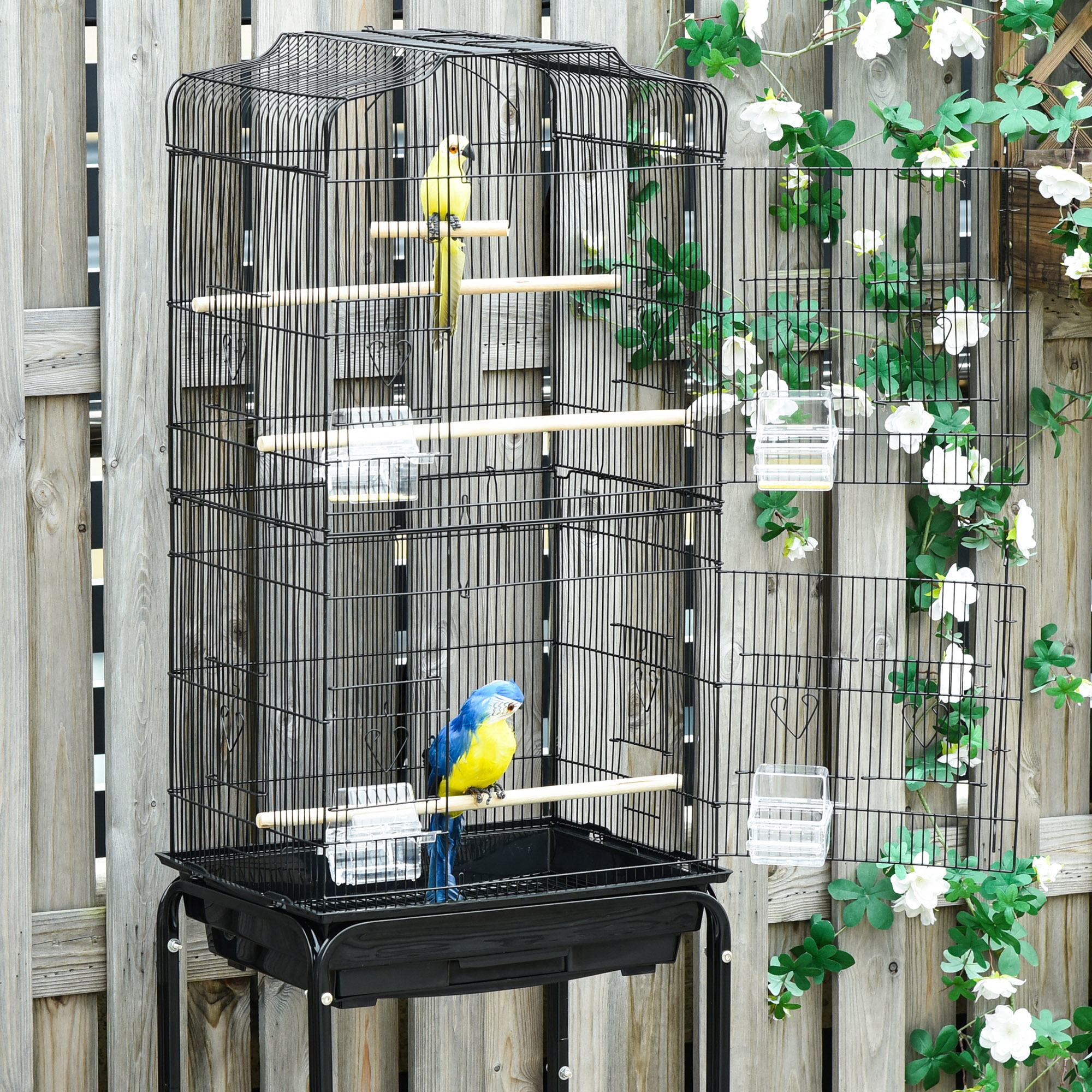 PawHut Bird Cage for Small Birds, Budgie Finch Canary Parakeet Home with Mobile Stand, Slide-out Cleaning Tray, Accessory Shelf, Onyx