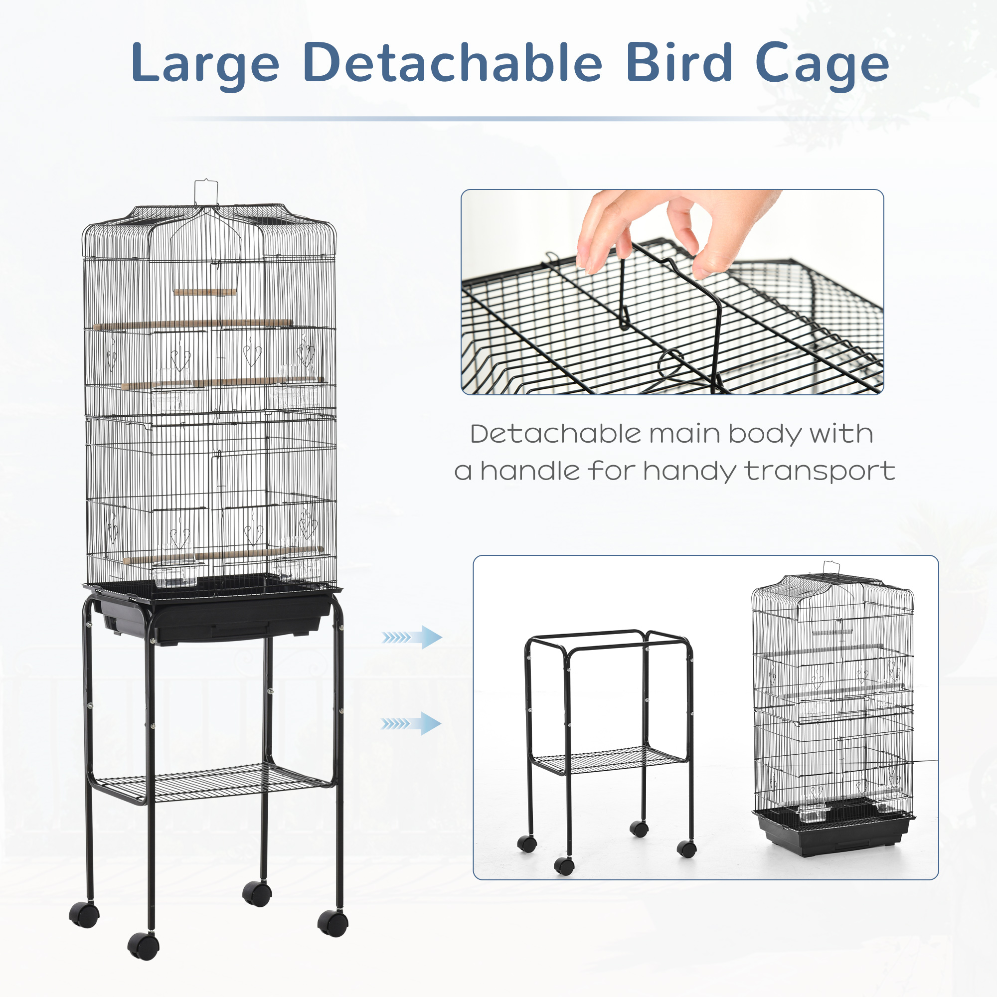 PawHut Bird Cage for Small Birds, Budgie Finch Canary Parakeet Home with Mobile Stand, Slide-out Cleaning Tray, Accessory Shelf, Onyx