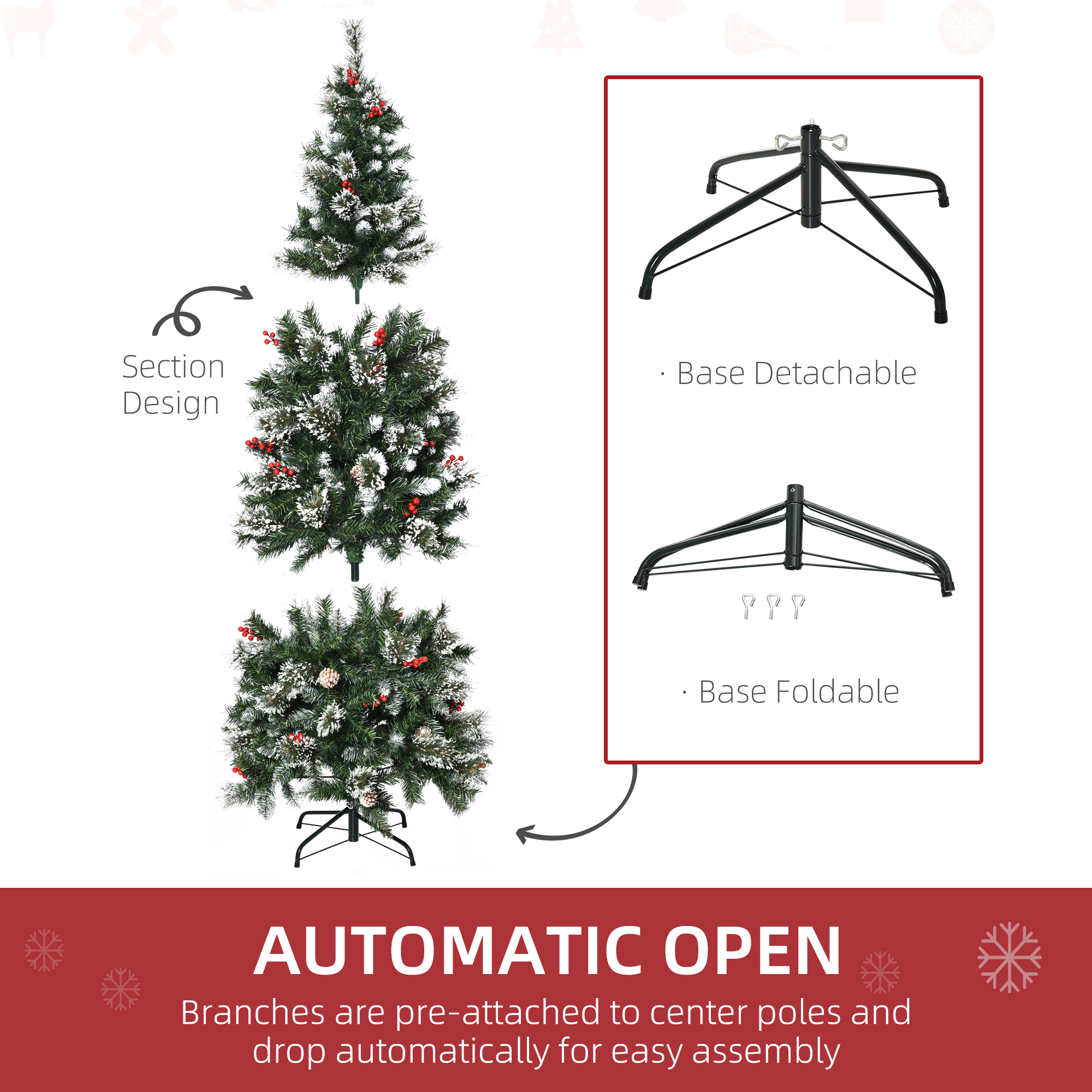 HOMCOM 6 Foot Snow Dipped Artificial Christmas Tree Slim Pencil Xmas Tree with 588 Realistic Branches, Pine Cones, Red Berries, Auto Open, Green