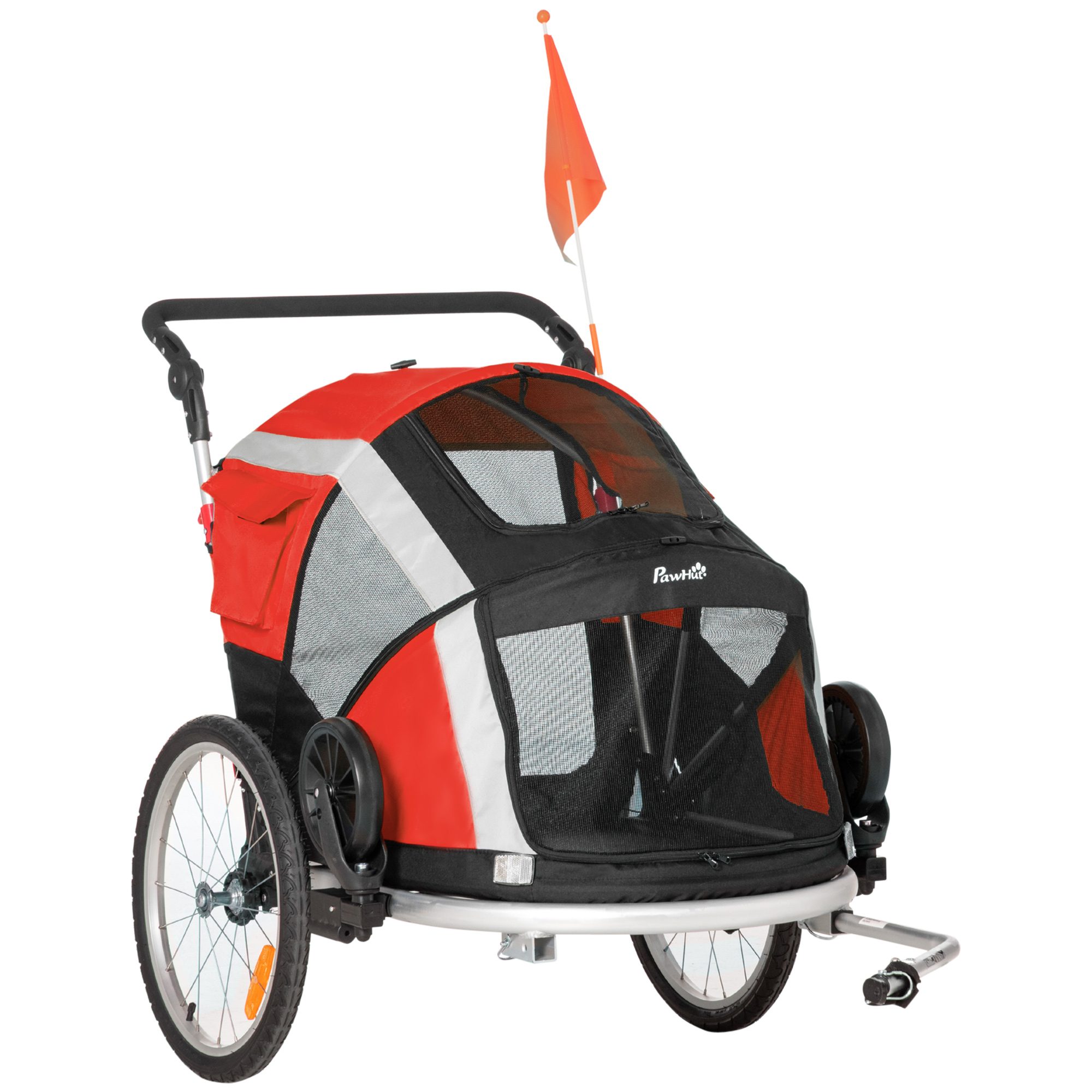 PawHut Remolque de Bicicleta para Perros Plegable 2 en 1 Carrito para Perros de Aluminio con Mango Ajustable Bandera y 6 Reflectores 150x82x98 cm Rojo