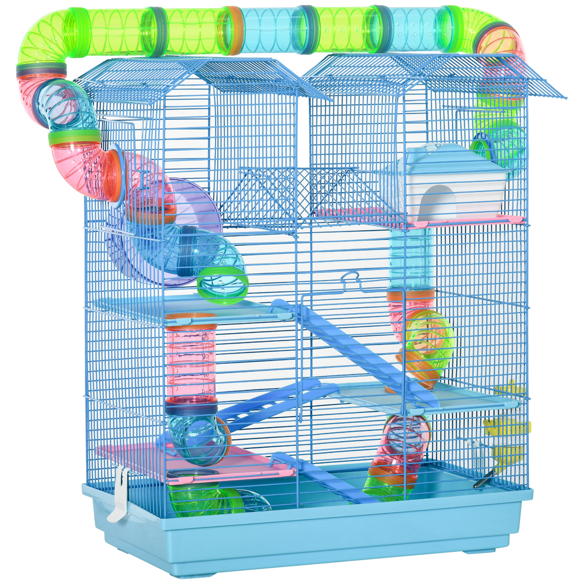 PawHut Cage pour Hamster Souris Petit Animaux Rongeur avec Tunnel Mangeoire Roue Jouet 47 x 30 x 59 cm Bleu