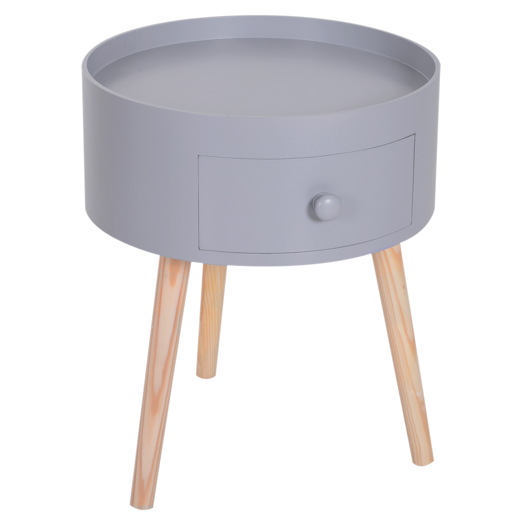 HOMCOM Mesita de Noche con 1 Cajón Mesa Auxiliar Redonda con Borde Elevado y 3 Patas de Madera para Dormitorio Sala de Estar Ø38x45 cm Gris