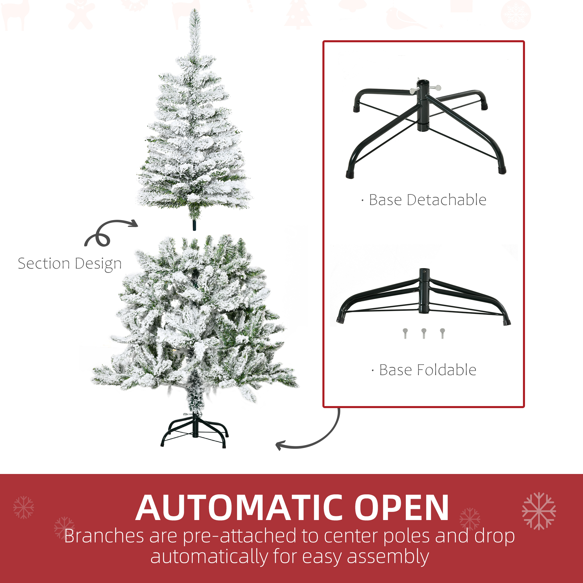 HOMCOM 5 Foot Snow Flocked Artificial Christmas Tree Xmas Pine Tree with 358 Realistic Branches, Auto Open and Steel Base, Green
