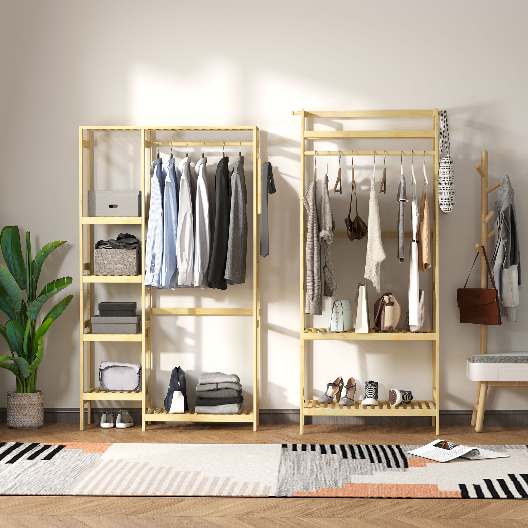  C-Easy - Estantería de bambú de 6 niveles con ganchos  laterales, estante para colgar ropa con estantes de almacenamiento,  organizador minimalista de armario, color madera : Hogar y Cocina