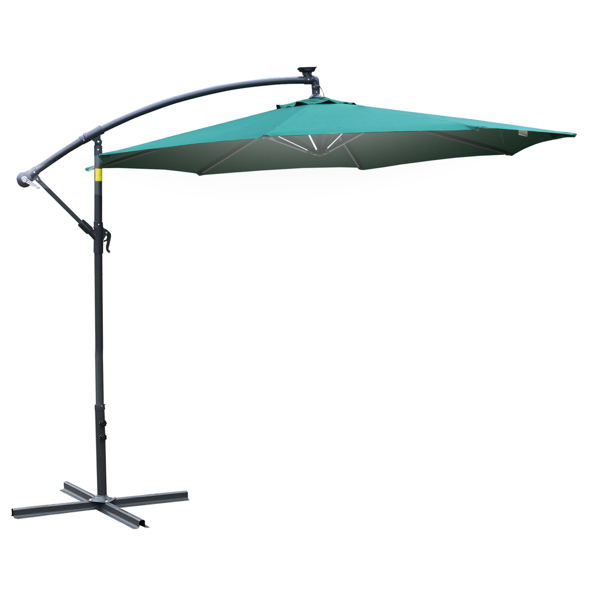 Outsunny Ombrellone da Giardino a Braccio con Manovella e 8 Strisce LED a Energia Solare Φ295x245cm, Verde