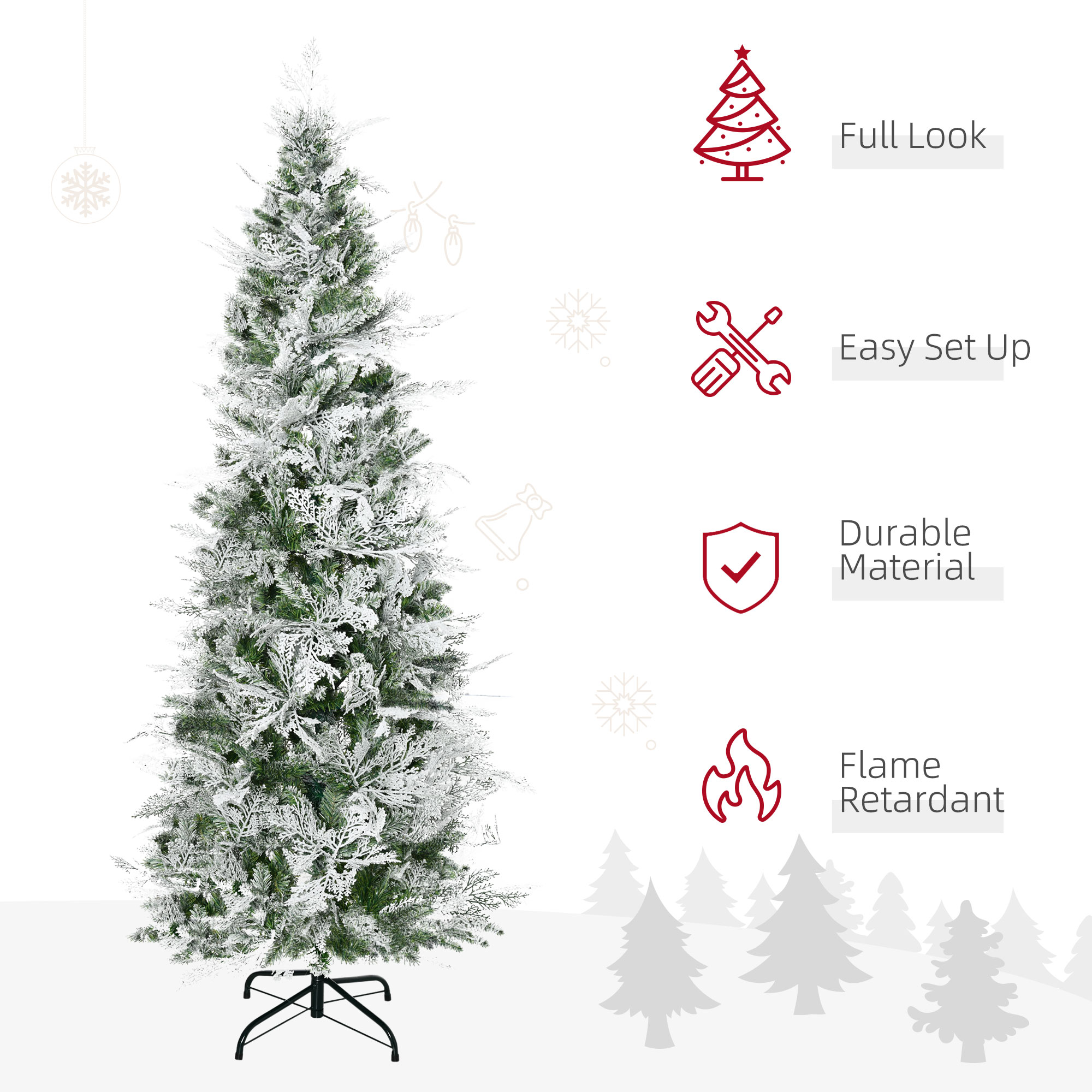 HOMCOM Pencil Snow Flocked Artificial Christmas Tree with Realistic Cypress Branches, Auto Open, Green