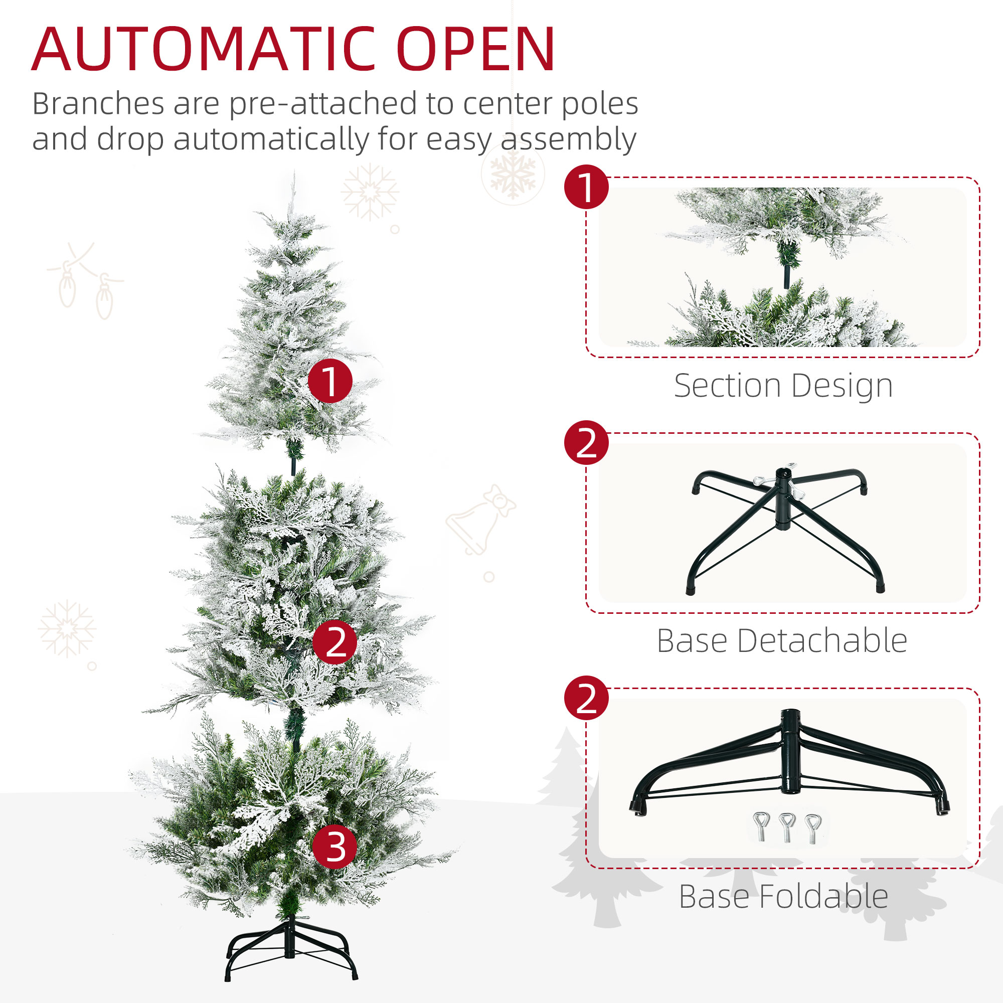HOMCOM Pencil Snow Flocked Artificial Christmas Tree with Realistic Cypress Branches, Auto Open, Green