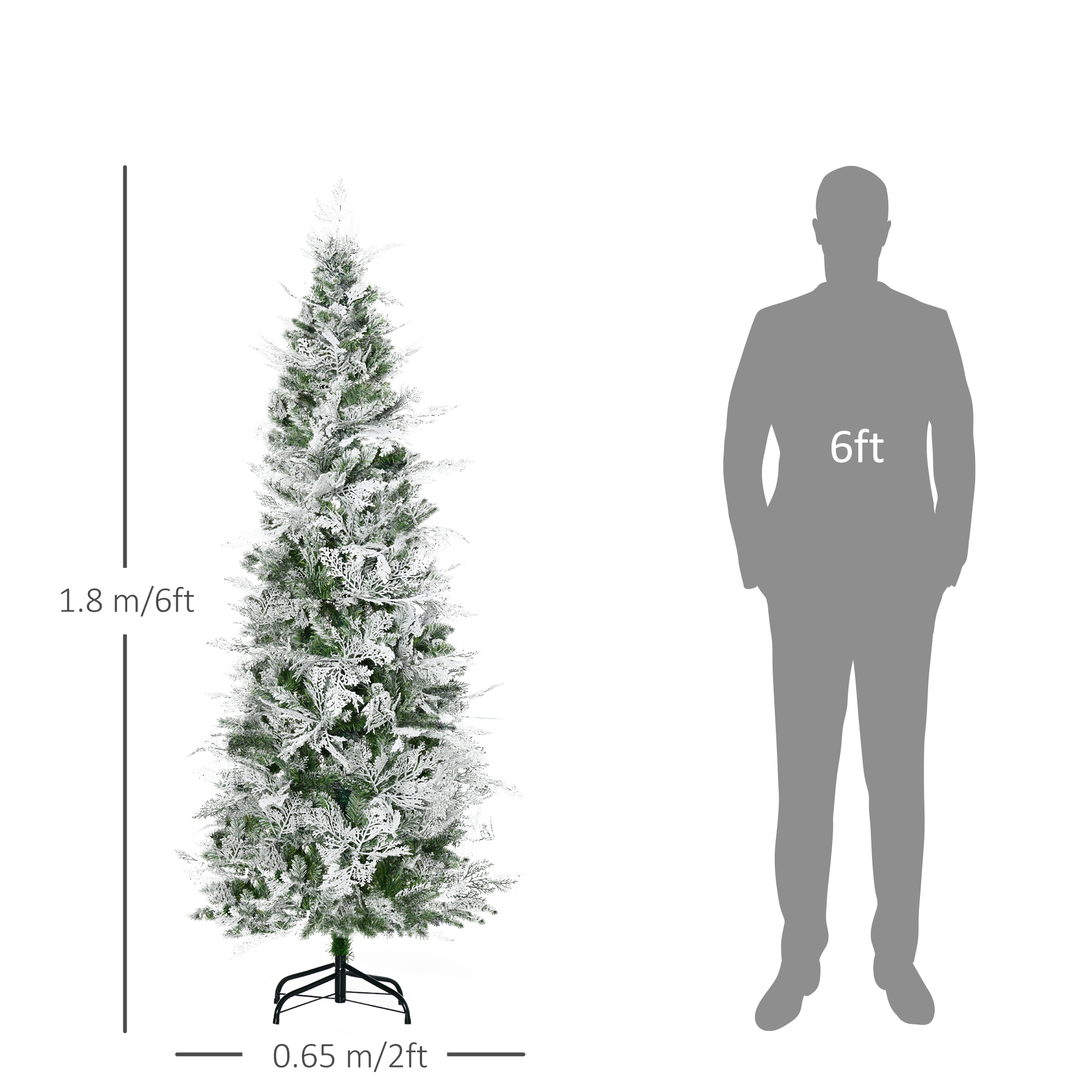 HOMCOM Pencil Snow Flocked Artificial Christmas Tree with Realistic Cypress Branches, Auto Open, Green