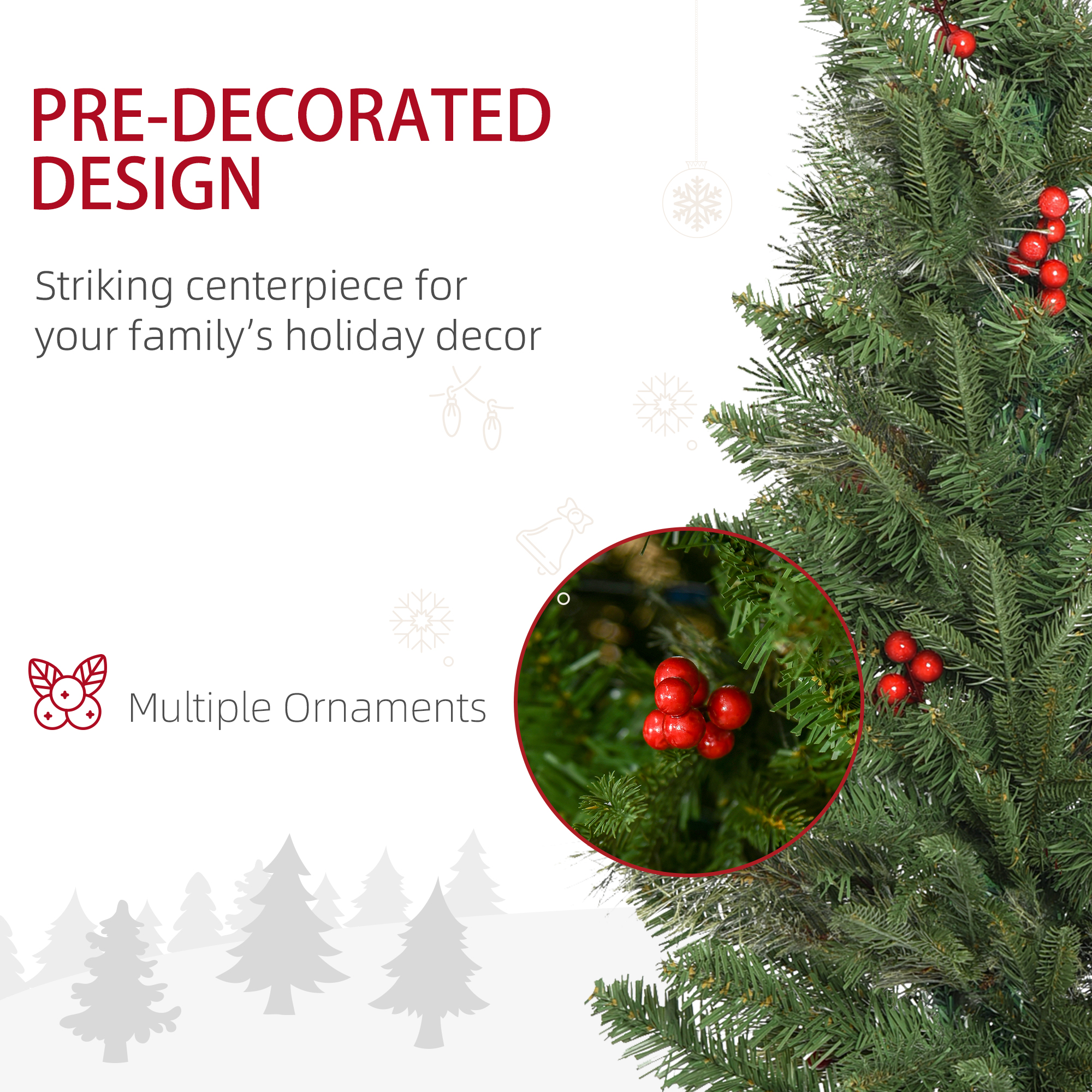 HOMCOM Pencil Artificial Christmas Tree with Realistic Branches, Red Berries, Auto Open, Green