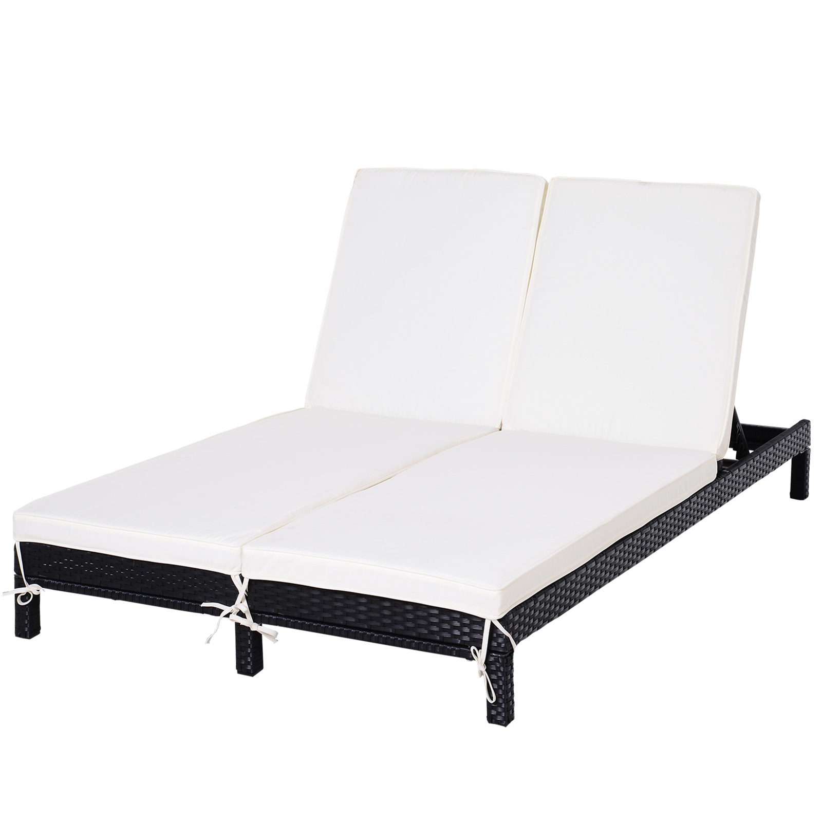 Outsunny Conjunto de Tumbona Exterior de Ratán 2 Plazas con Cojines Acolchados Resistente al Agua con Respaldo Regulable 195x120x28 cm Negro