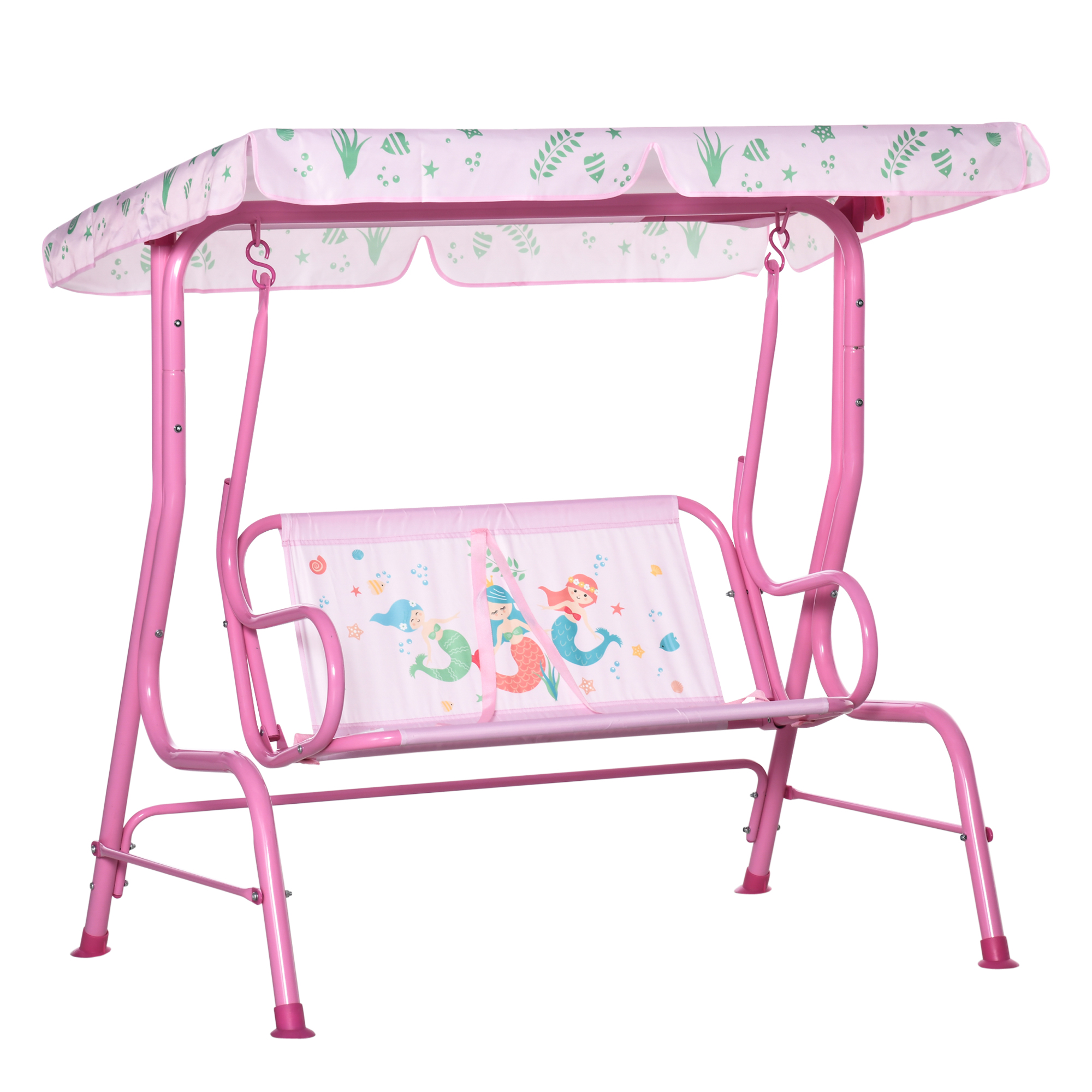 COSTWAY Kinderen patio schommelbank, kinderen veranda schommelstoel met veiligheidsgordel, afneembare luifel, bank voor 2 personen, 2 zitplaatsen hangen buiten tuin dek meubilair
