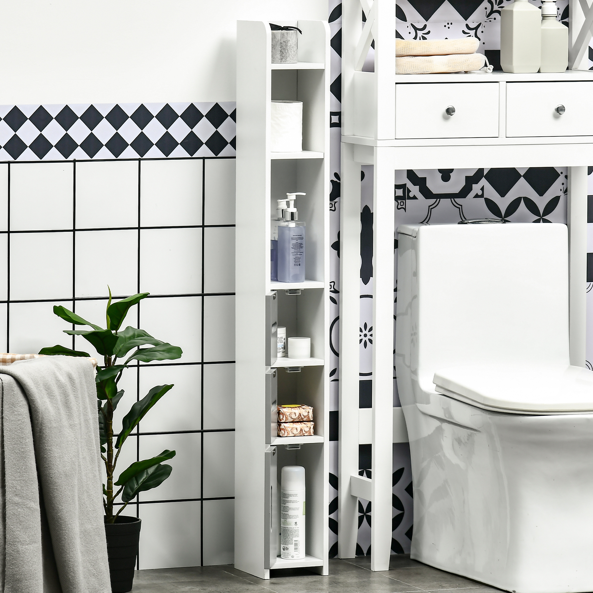 Kleankin Freestanding Bathroom Cabinet, Modern Tall Storage with Open Shelves and 3 Cupboards, for Bedroom Hallway, Grey