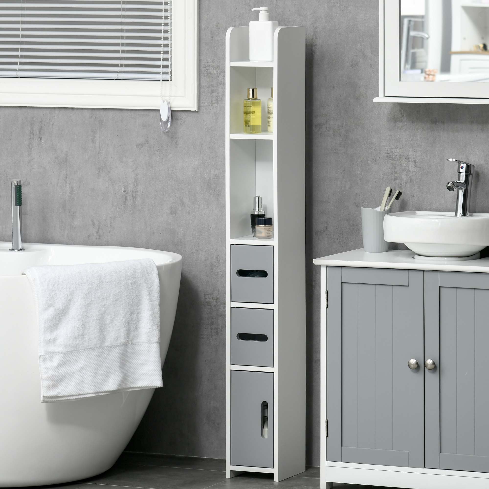 Kleankin Freestanding Bathroom Cabinet, Modern Tall Storage with Open Shelves and 3 Cupboards, for Bedroom Hallway, Grey