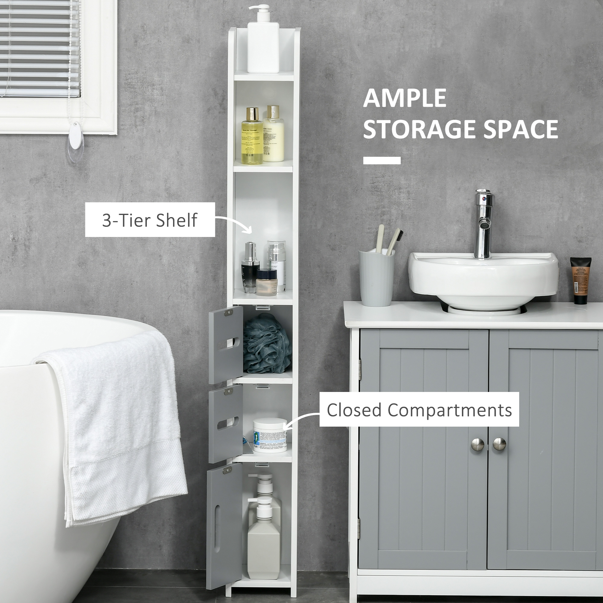 Kleankin Freestanding Bathroom Cabinet, Modern Tall Storage with Open Shelves and 3 Cupboards, for Bedroom Hallway, Grey