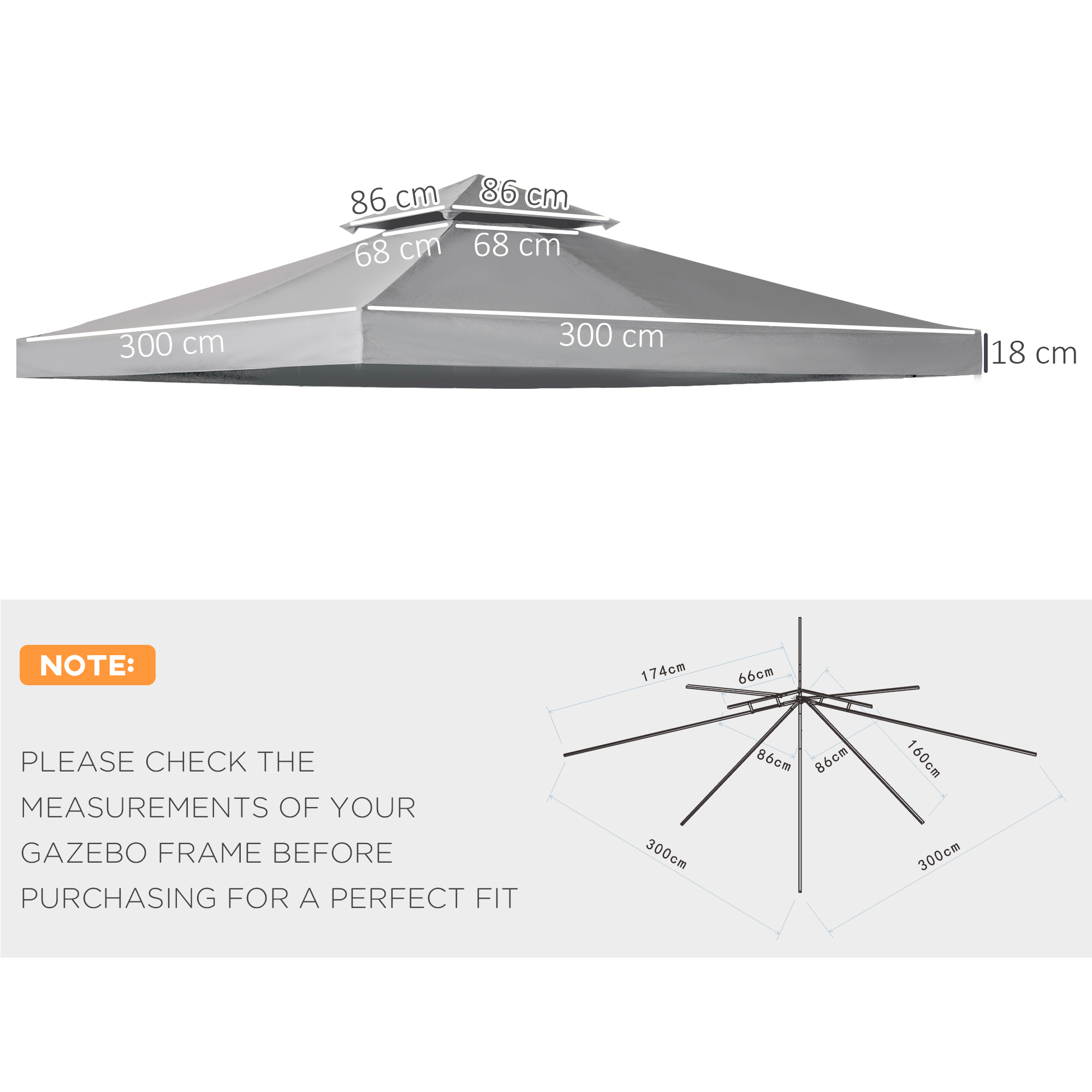 Outsunny Gazebo Canopy Roof Top Replacement Cover, 3 x 3m, Spare Part, Deep Grey (TOP ONLY)