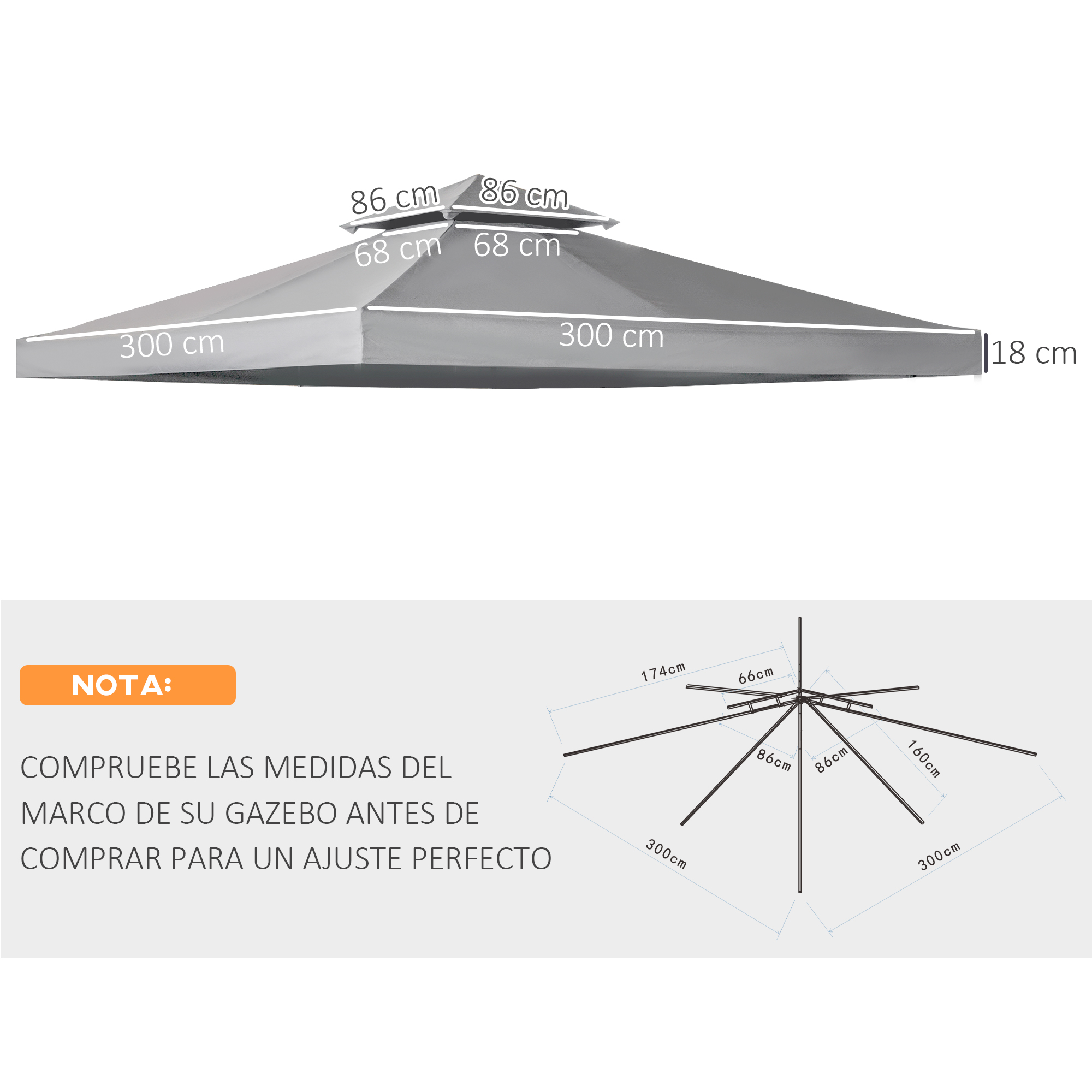 Outsunny Gazebo Canopy Roof Top Replacement Cover, 3 x 3m, Spare Part, Deep Grey (TOP ONLY)