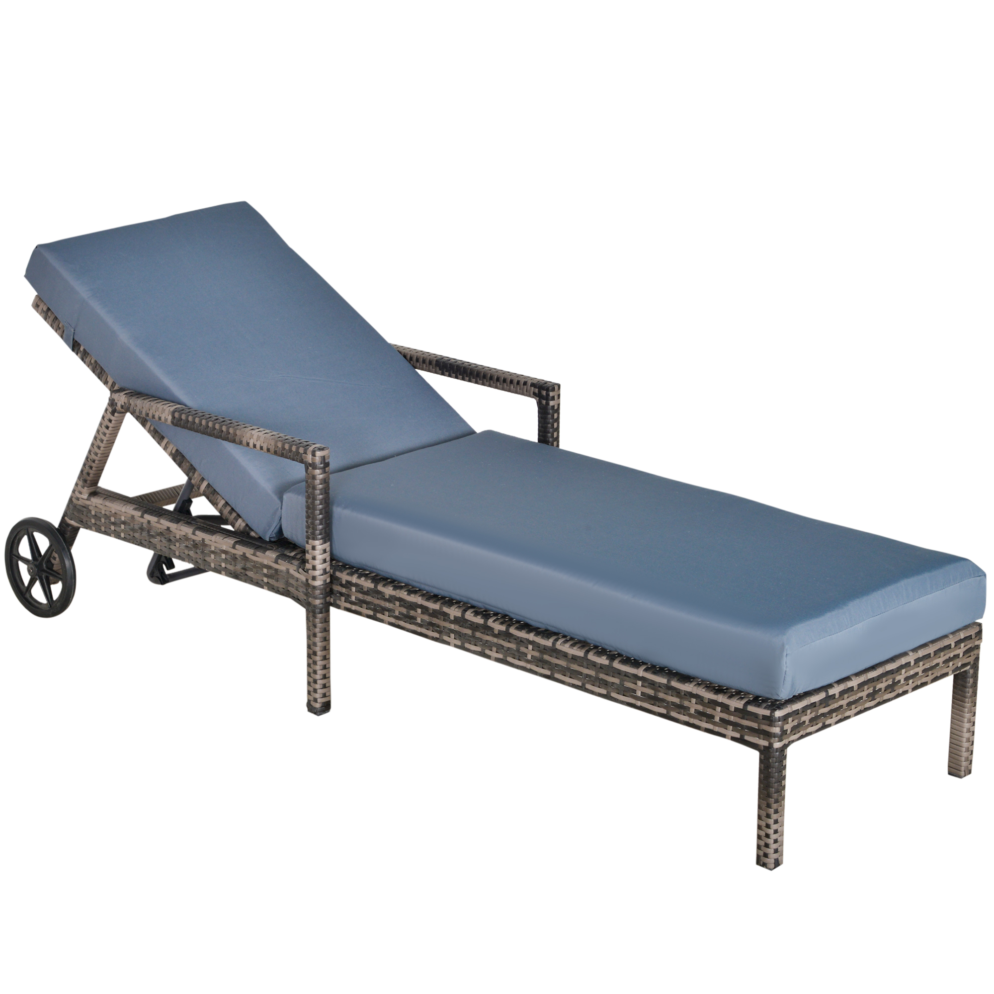 Outsunny Tumbona de Ratán de Jardín con Cojines Acolchados Respaldo Ajustable en 5 Posiciones 2 Ruedas y Tela Extraíble Lavable 196x67x96 cm Gris