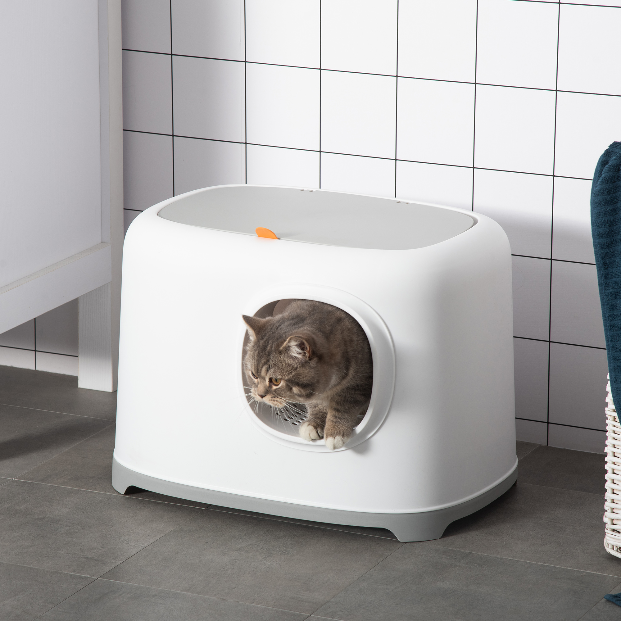 PawHut kattenbak met kap, hygiënisch ontwerp, gaasbodem voor betere ventilatie, eenvoudig schoon te maken, 55 x 40 x 39 cm, wit | Aosom.nl