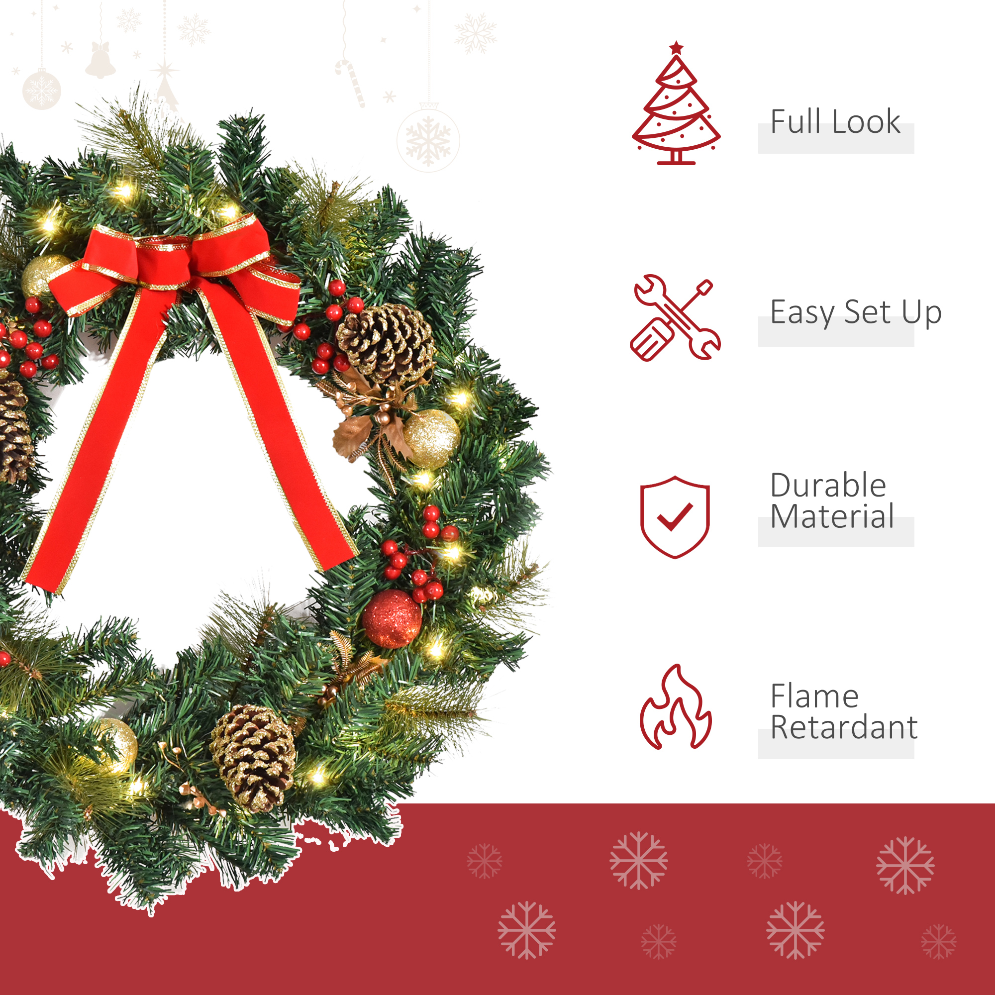HOMCOM Christmas Door Wreath, 60 cm Diameter 