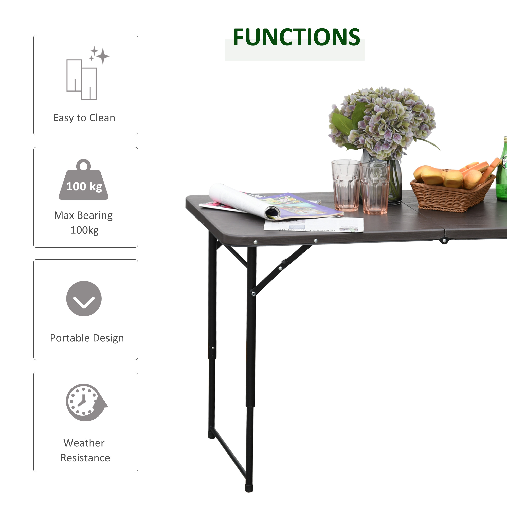 Outsunny 4FT Portable Metal Picnic Table-Black/Brown
