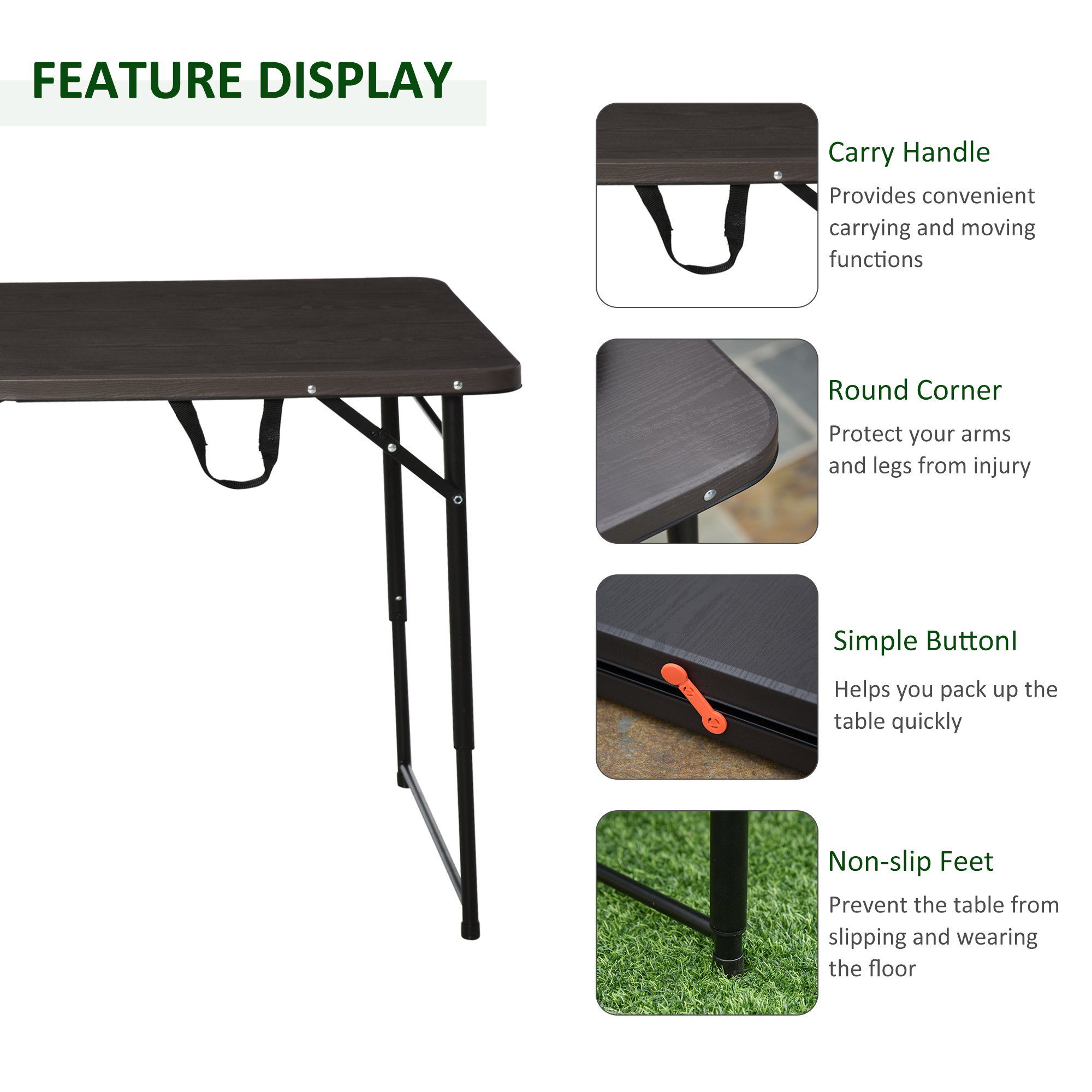 Outsunny 4FT Portable Metal Picnic Table-Black/Brown