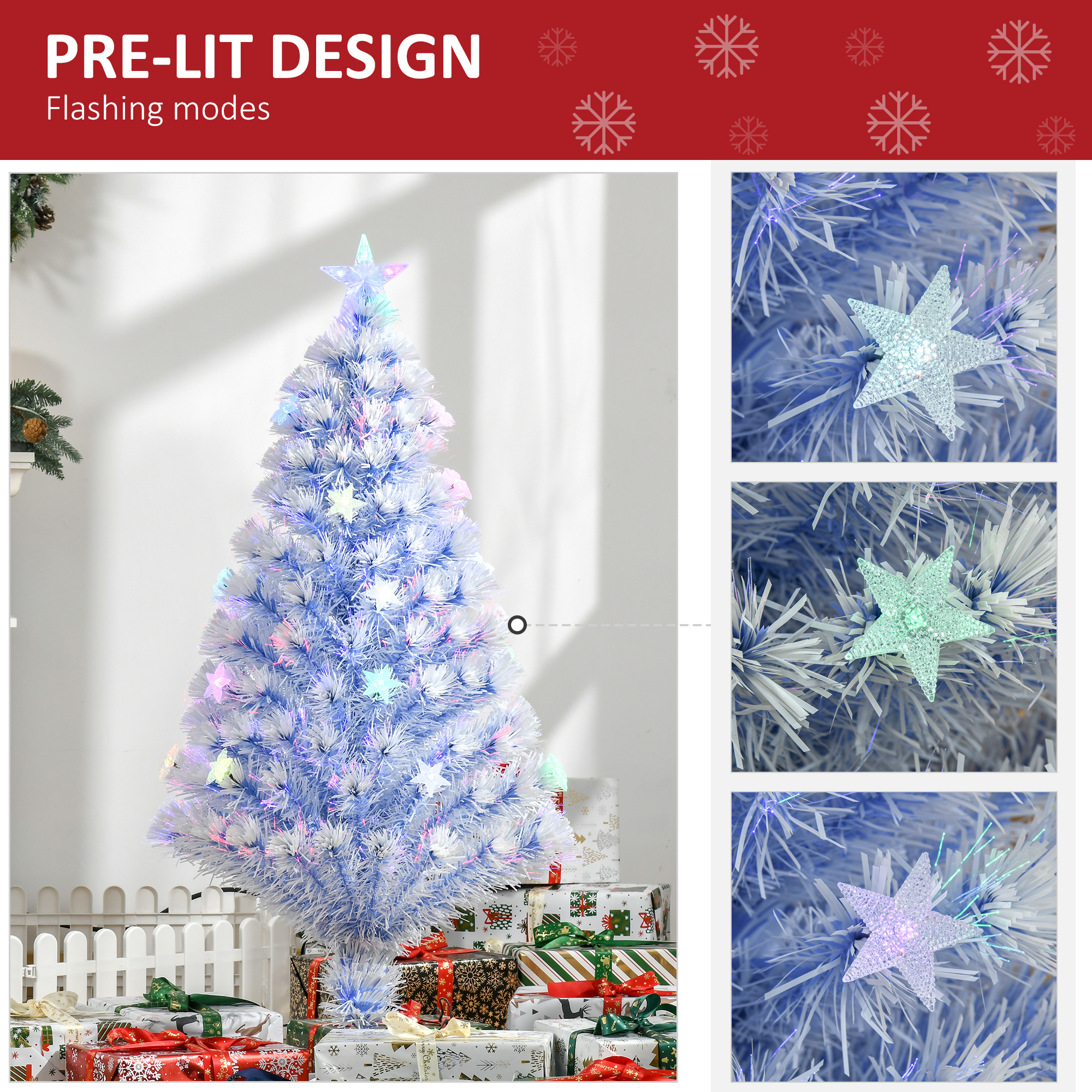 HOMCOM Artificial Fibre Optic Christmas Tree w/ 26 LED Lights Pre-Lit White Blue 4FT